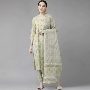 Light Olive Green Printed Pure Cotton Kurti Pant Set with Dupatta - Peachmode