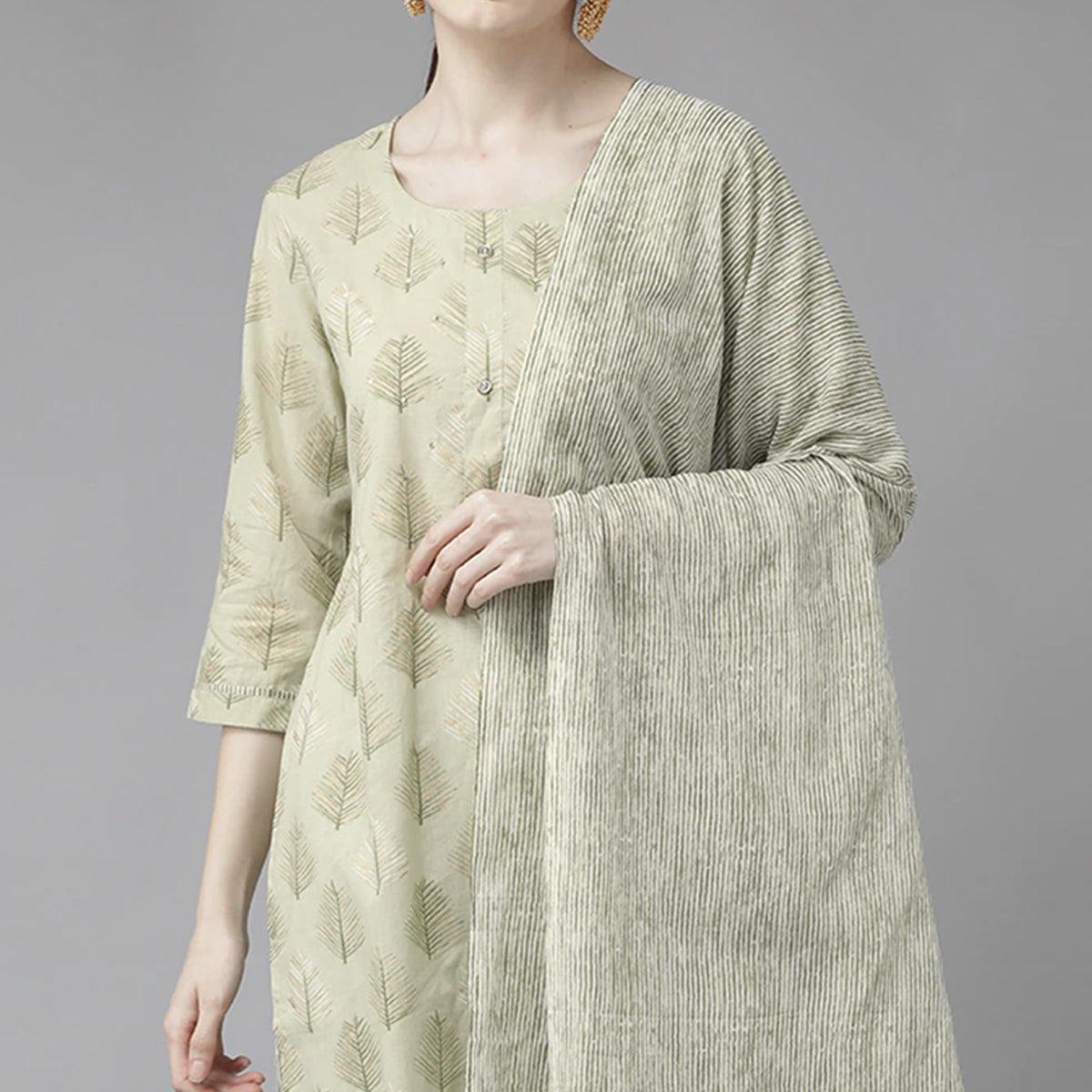 Light Olive Green Printed Pure Cotton Kurti Pant Set with Dupatta - Peachmode