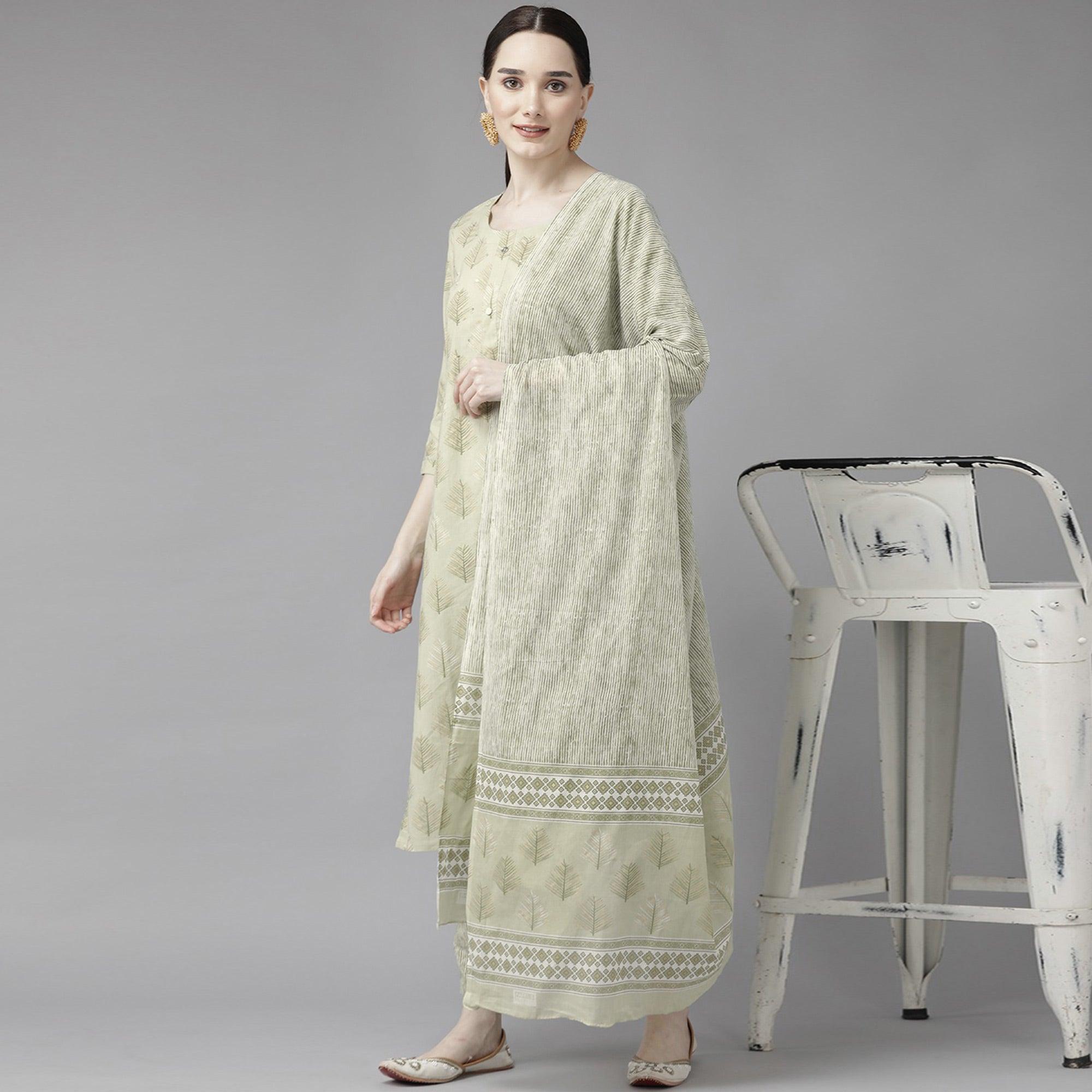 Light Olive Green Printed Pure Cotton Kurti Pant Set with Dupatta - Peachmode