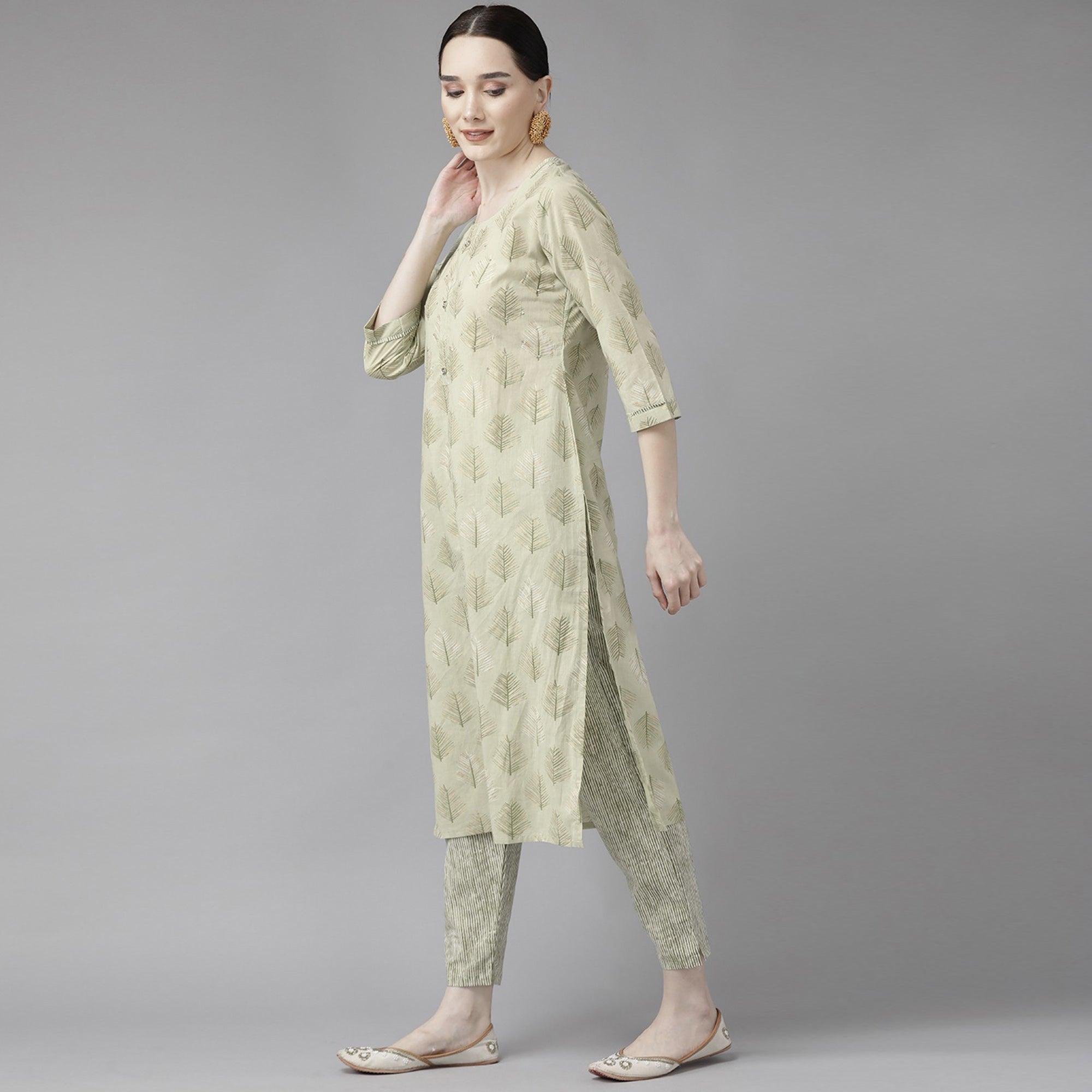 Light Olive Green Printed Pure Cotton Kurti Pant Set with Dupatta - Peachmode