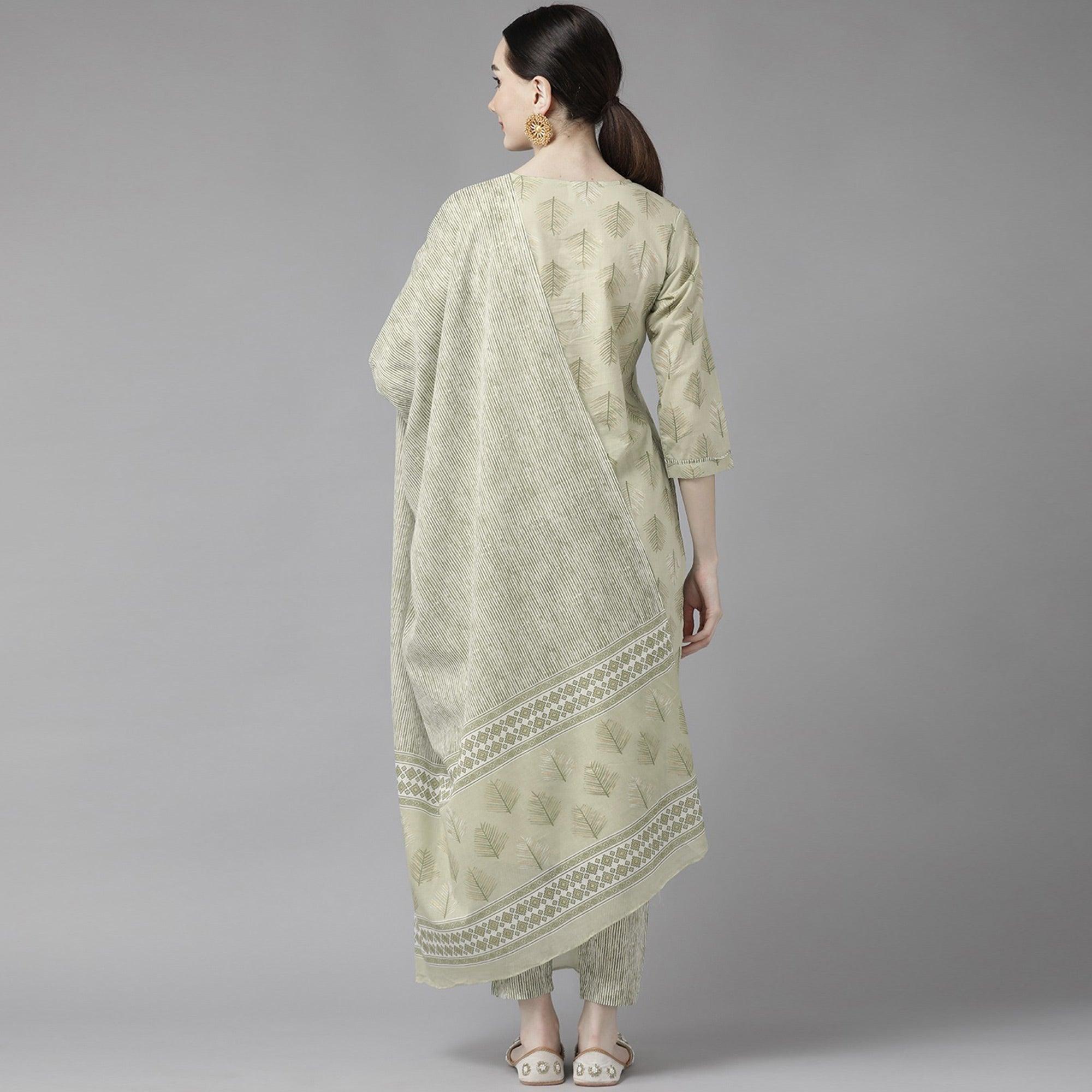 Light Olive Green Printed Pure Cotton Kurti Pant Set with Dupatta - Peachmode