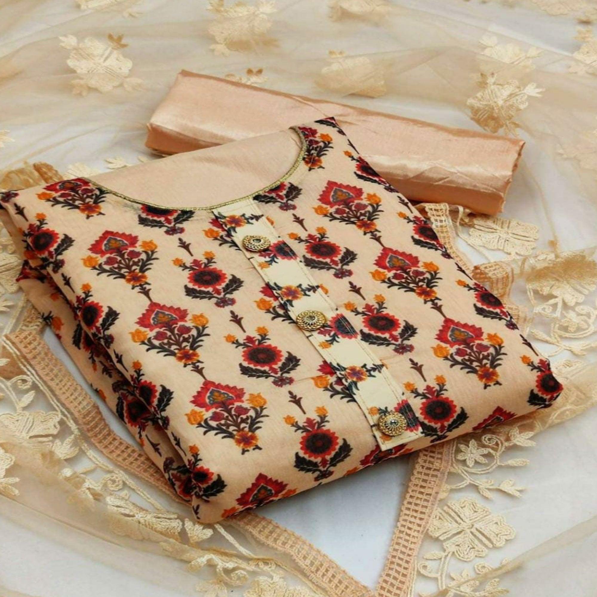 Light Orange Casual Wear Digital Printed Modal Chanderi  Dress Material - Peachmode