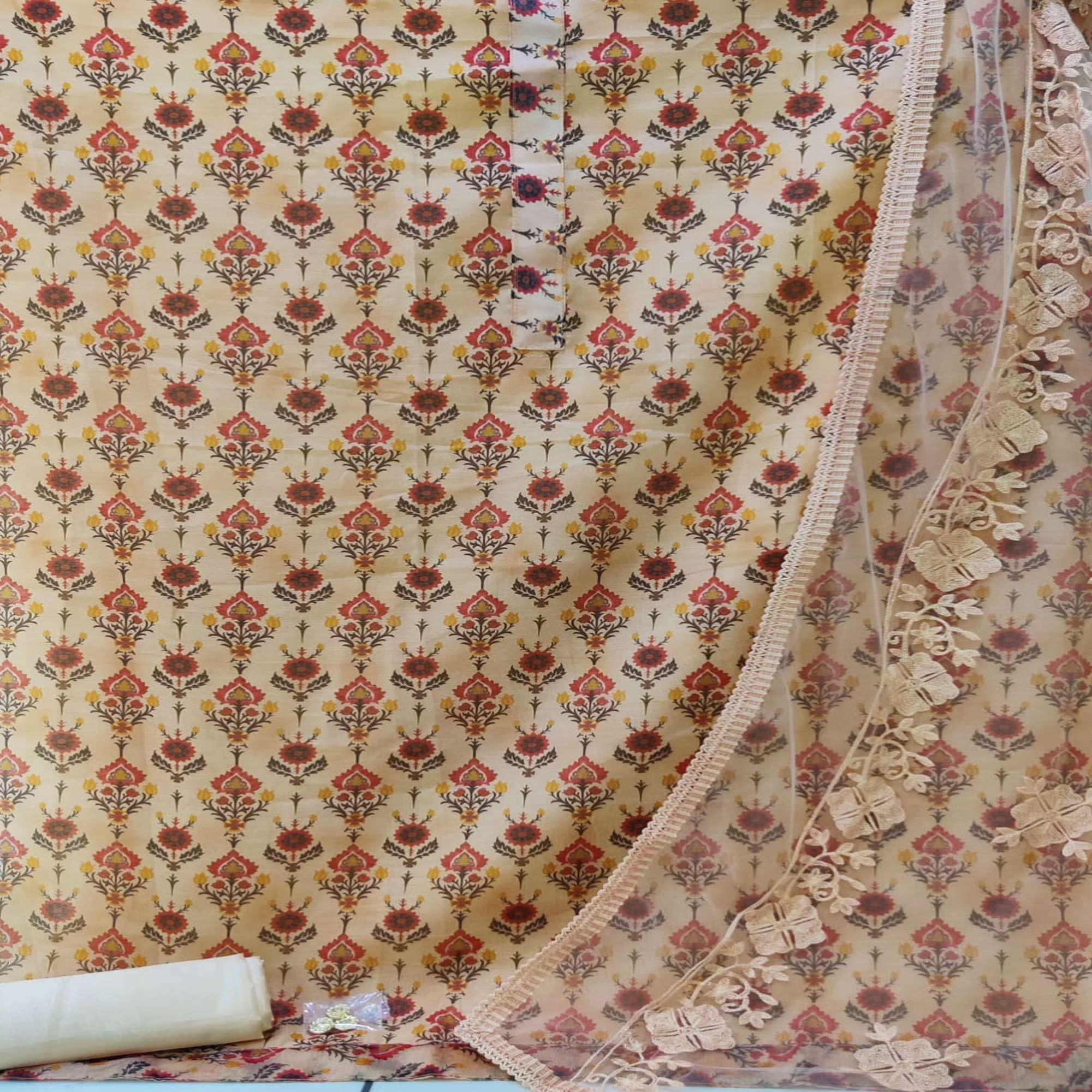 Light Orange Casual Wear Digital Printed Modal Chanderi  Dress Material - Peachmode