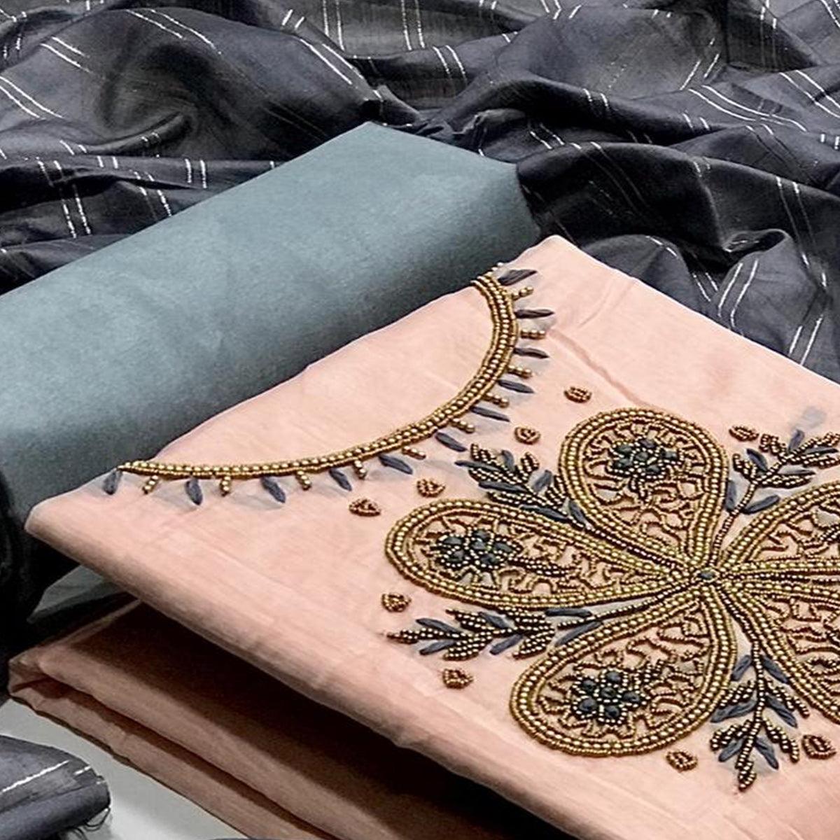Light Orange Casual Wear Embroidered Modal Dress Material - Peachmode