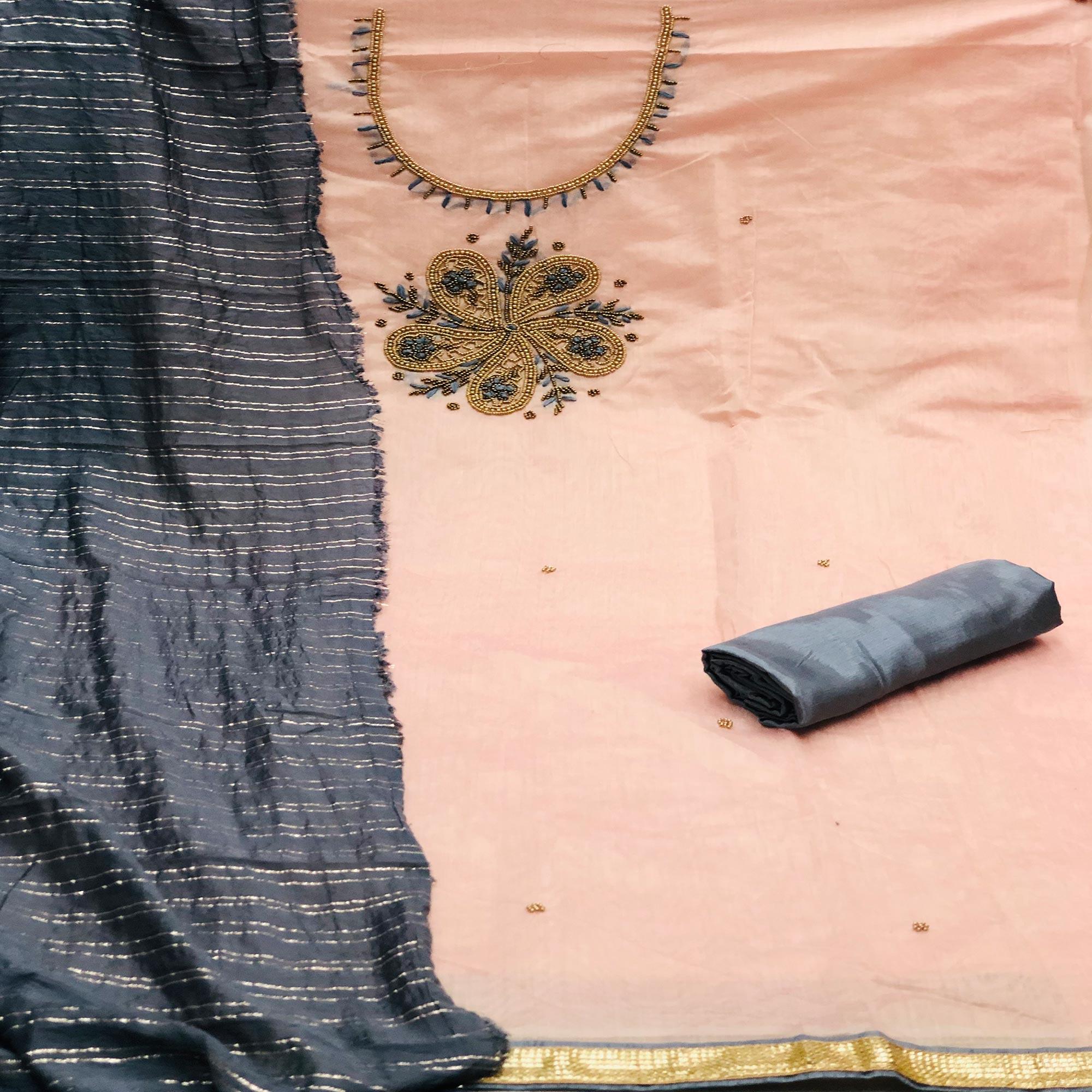 Light Orange Casual Wear Embroidered Modal Dress Material - Peachmode