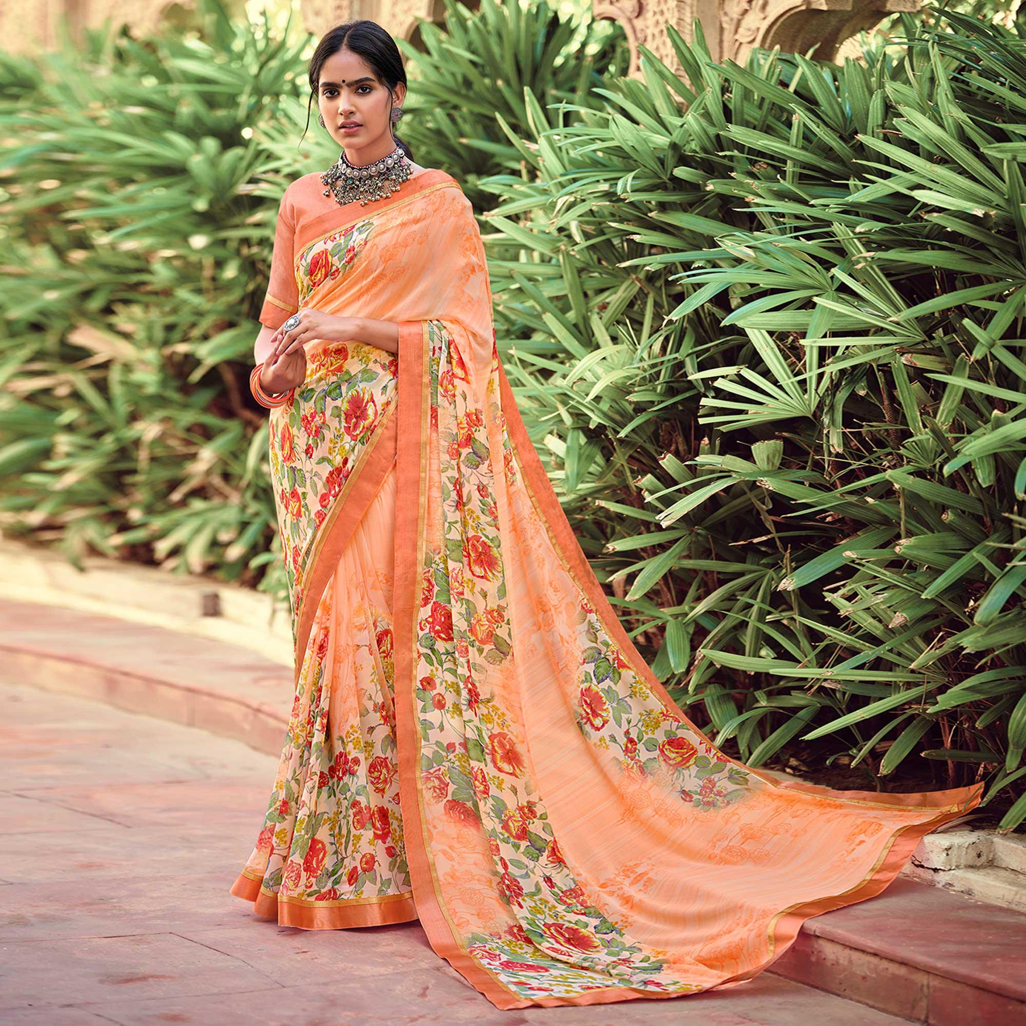 Light Orange Casual Wear Floral Printed Georgette Saree - Peachmode