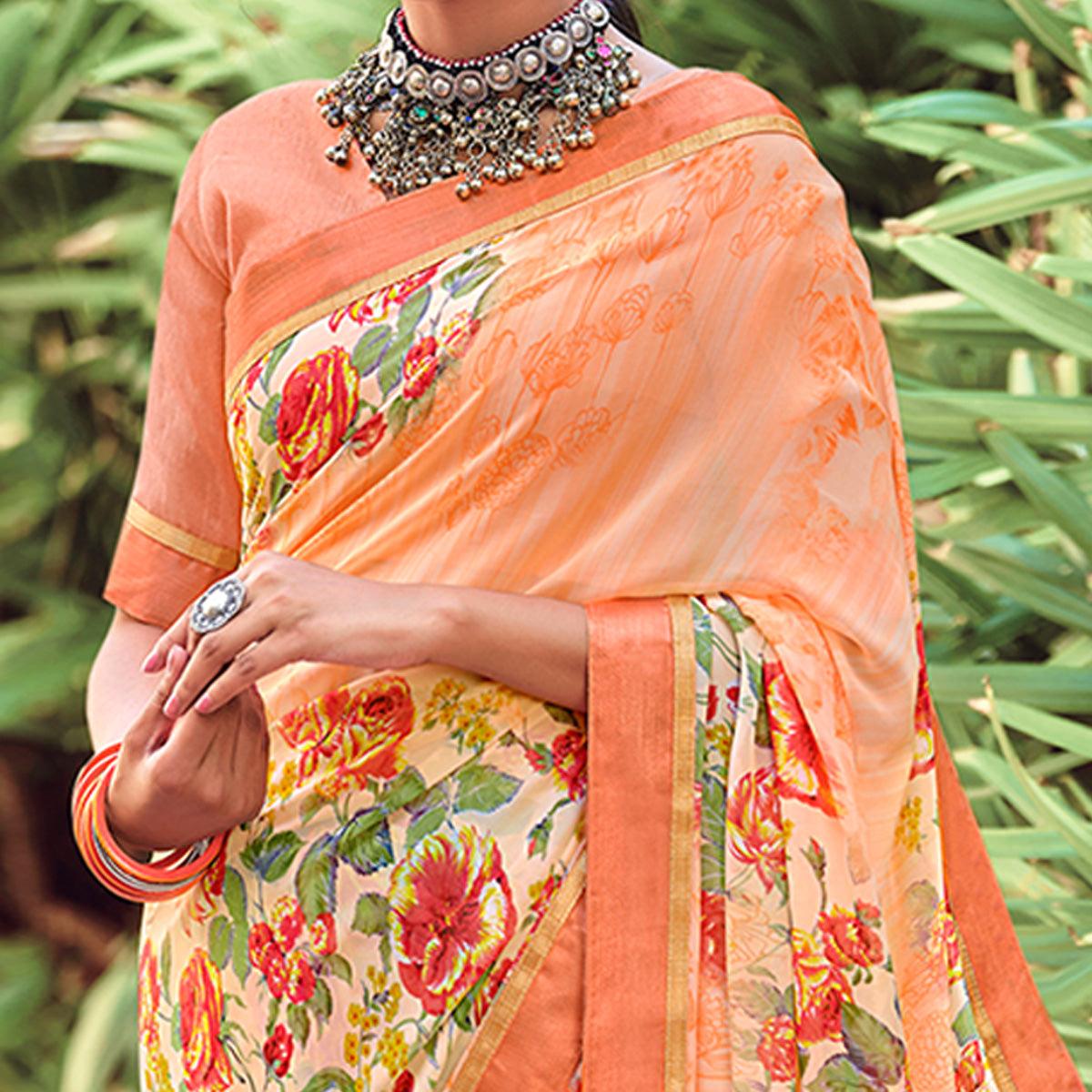 Light Orange Casual Wear Floral Printed Georgette Saree - Peachmode