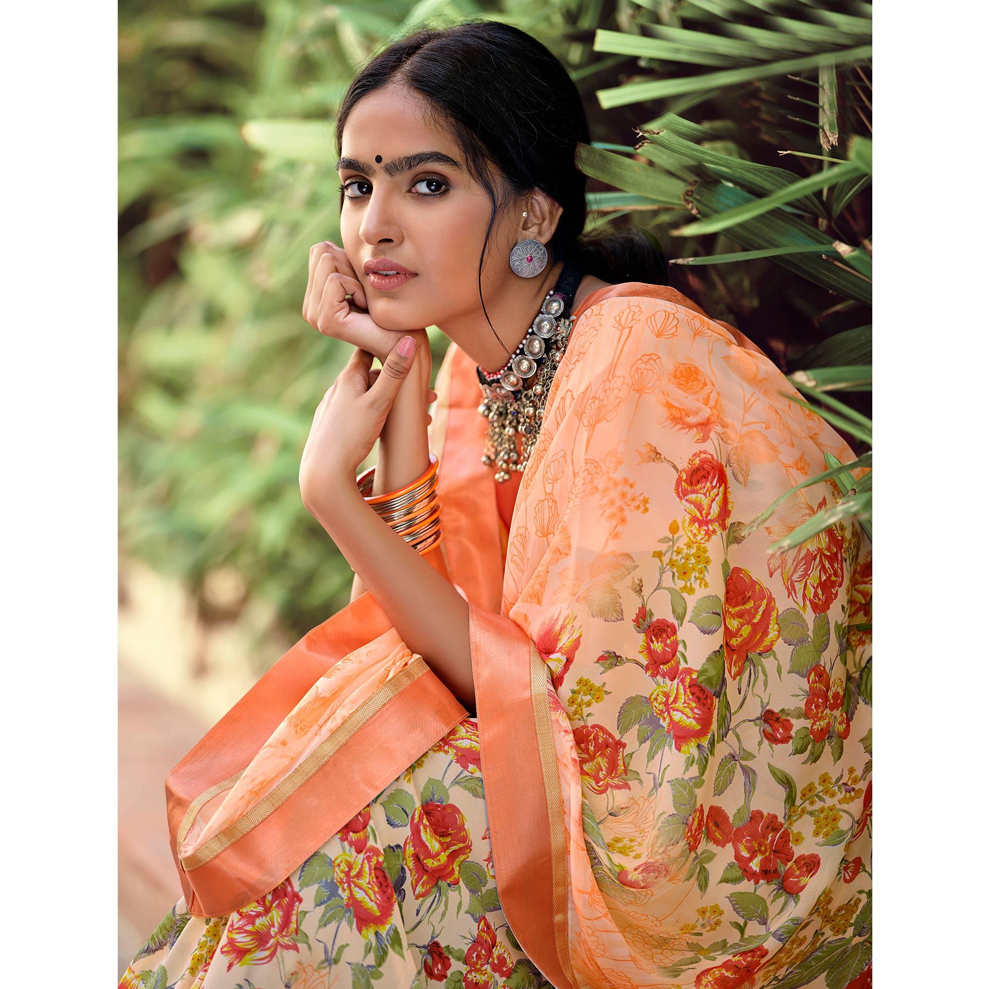 Light Orange Casual Wear Floral Printed Georgette Saree - Peachmode