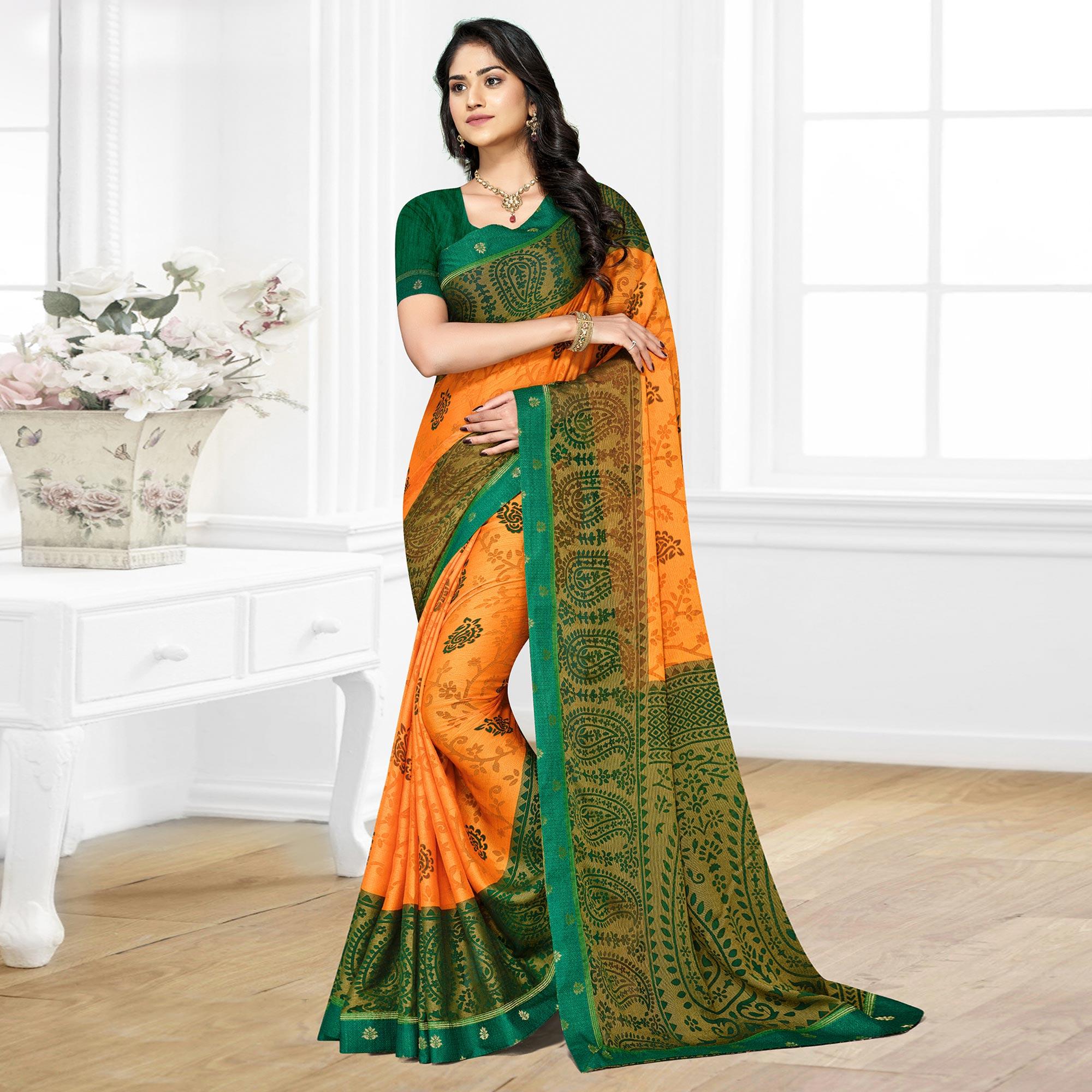 Light Orange Casual Wear Printed Brasso Chiffon Saree - Peachmode