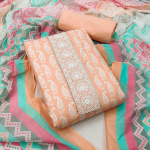 Light Orange Casual Wear Printed Cotton Dress Material - Peachmode
