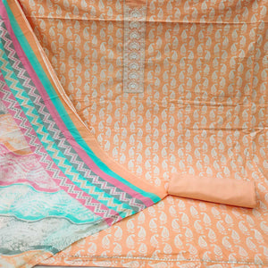 Light Orange Casual Wear Printed Cotton Dress Material - Peachmode