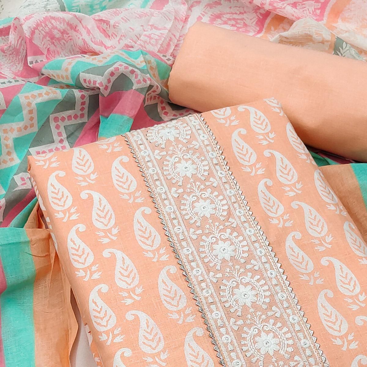 Light Orange Casual Wear Printed Cotton Dress Material - Peachmode