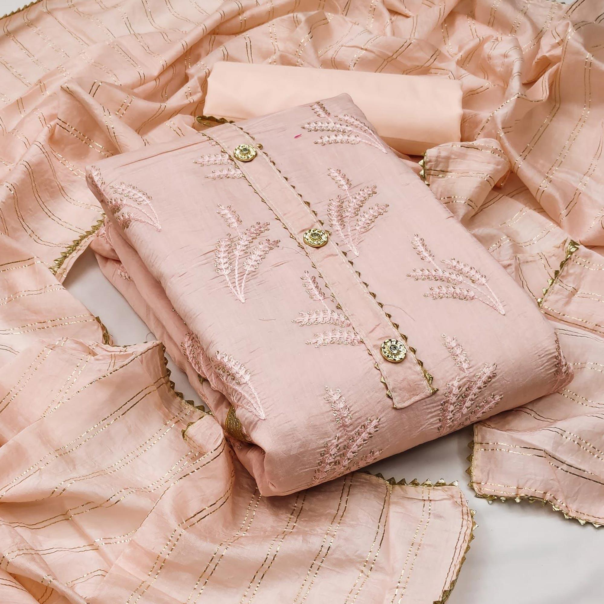 Light Orange Casual Wear Sequence Embroidered Dyeable Cotton Dress Material - Peachmode