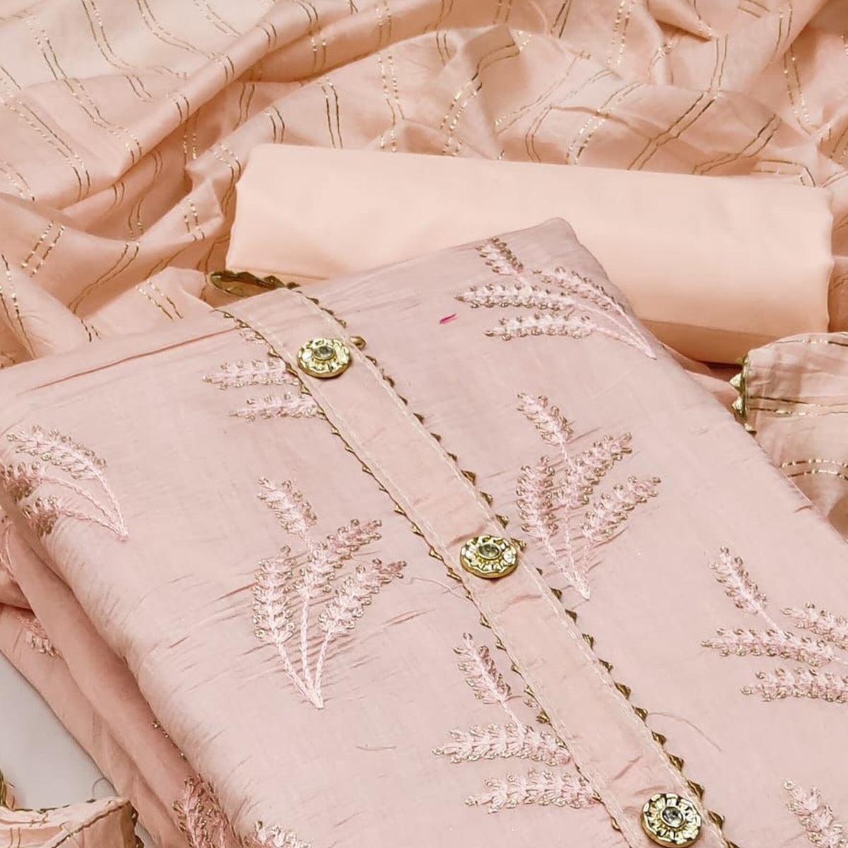 Light Orange Casual Wear Sequence Embroidered Dyeable Cotton Dress Material - Peachmode