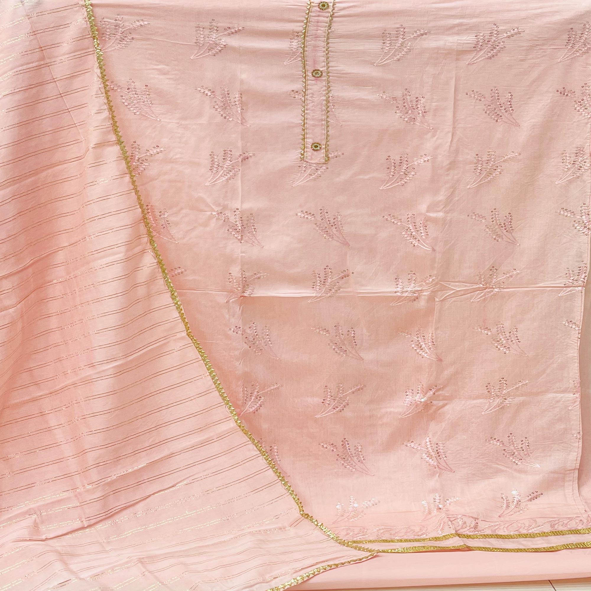 Light Orange Casual Wear Sequence Embroidered Dyeable Cotton Dress Material - Peachmode