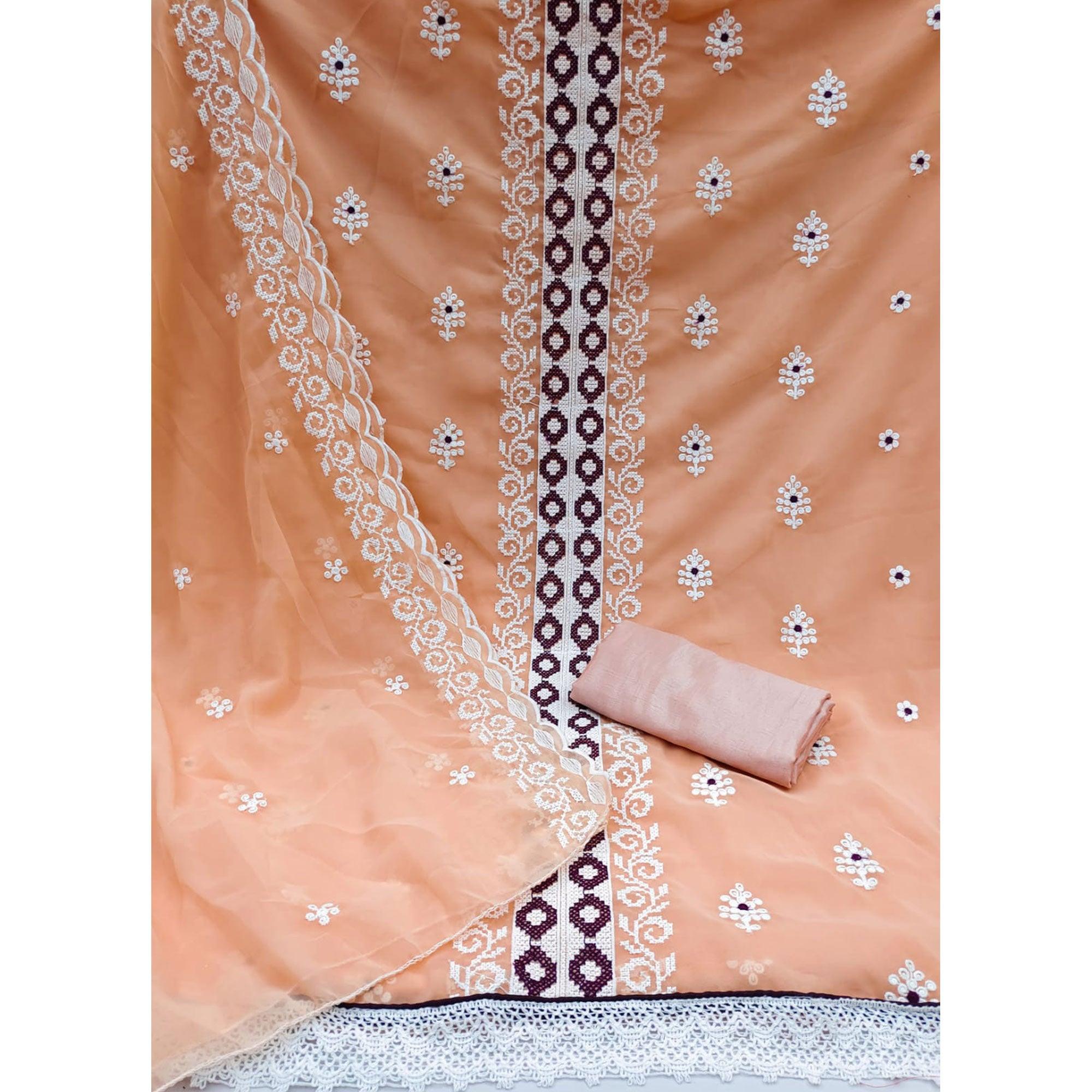 Light Orange Embroidered Georgette Dress Material - Peachmode