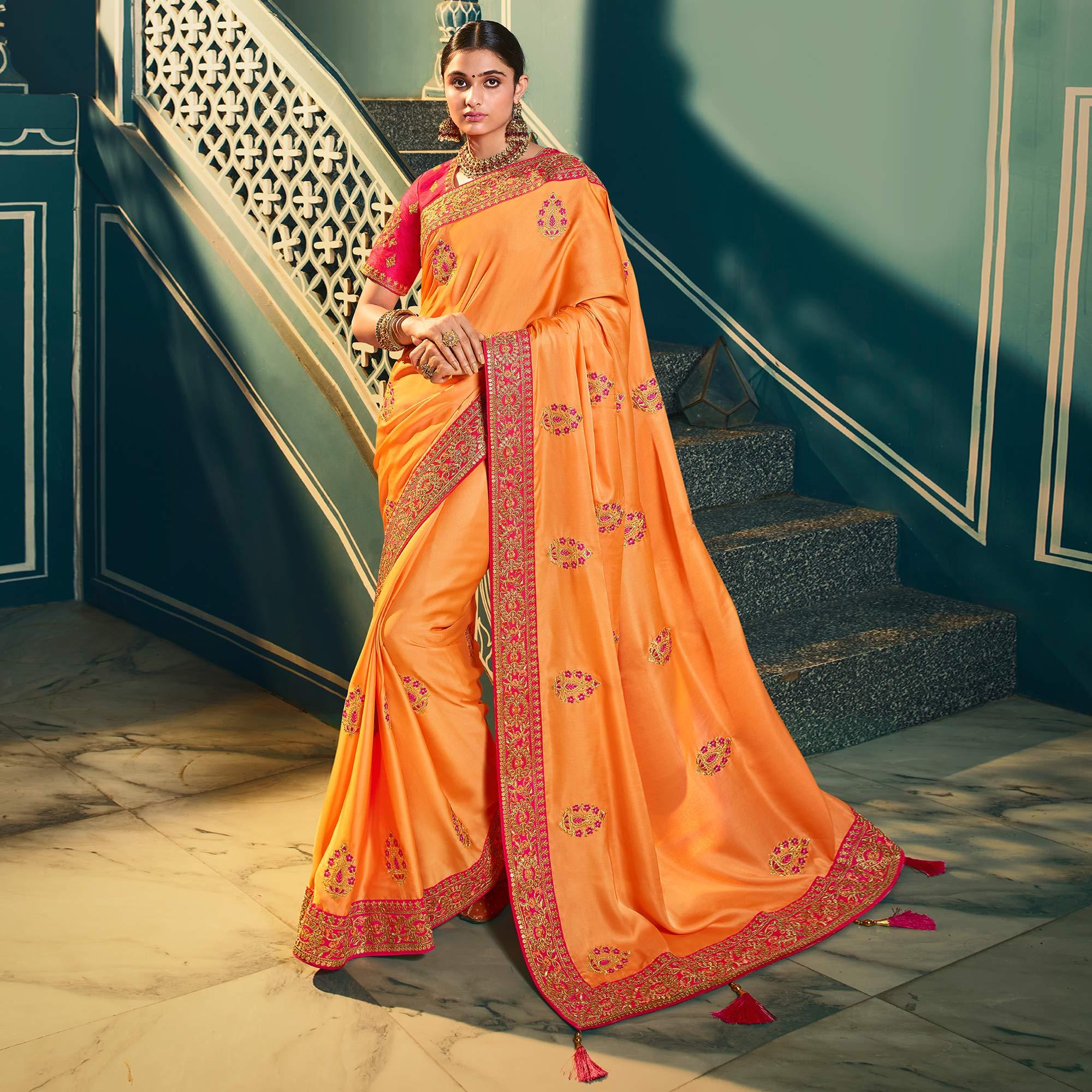 Light Orange Festive Wear Embroidered Silk Saree - Peachmode