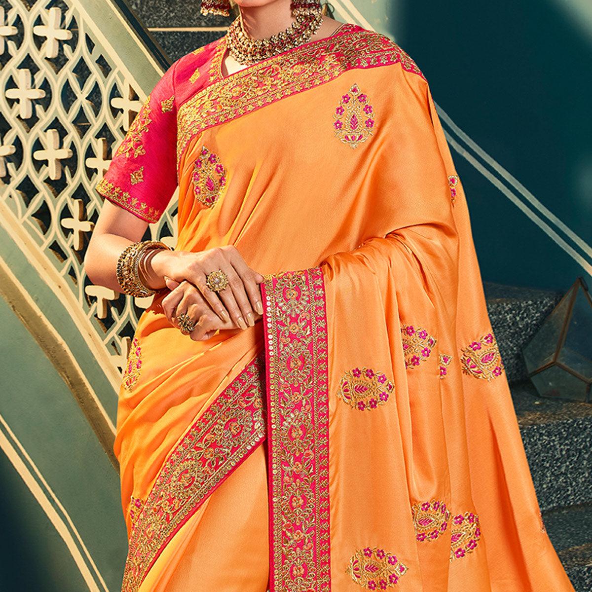 Light Orange Festive Wear Embroidered Silk Saree - Peachmode