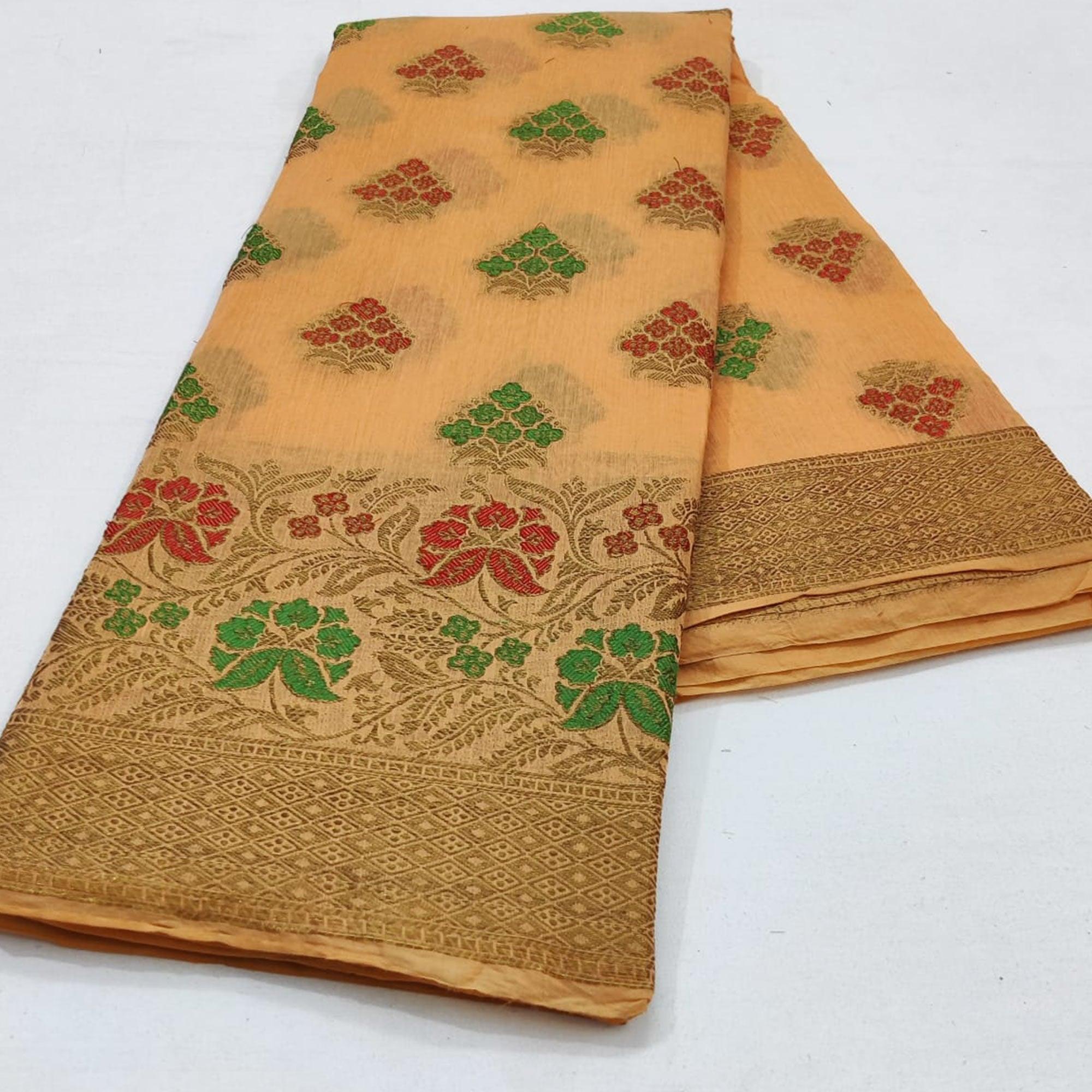 Light Orange Festive Wear Floral Woven Cotton Saree With Meena Butta Pallu - Peachmode
