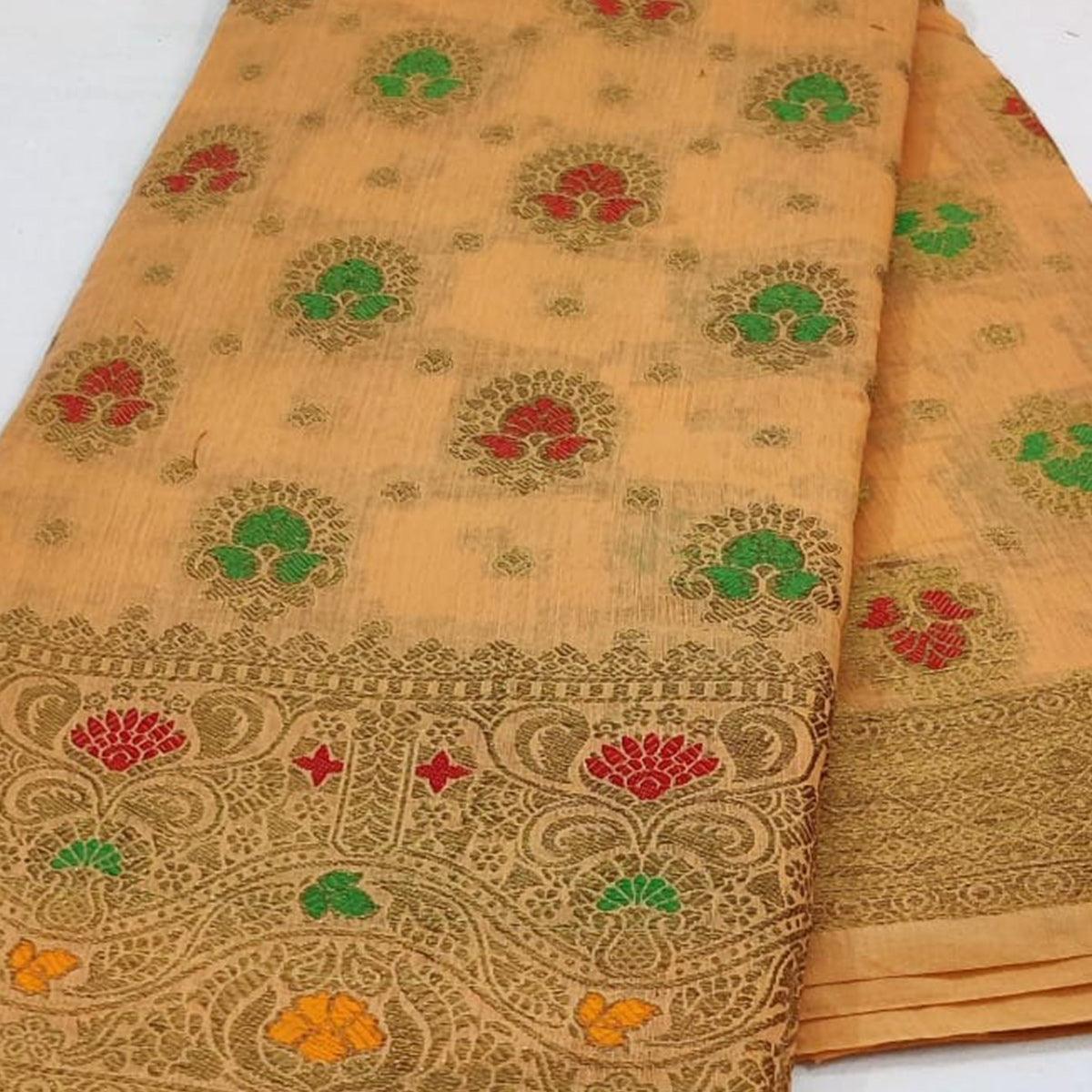 Light Orange Festive Wear Floral Woven Cotton Saree With Meena Butta Pallu - Peachmode