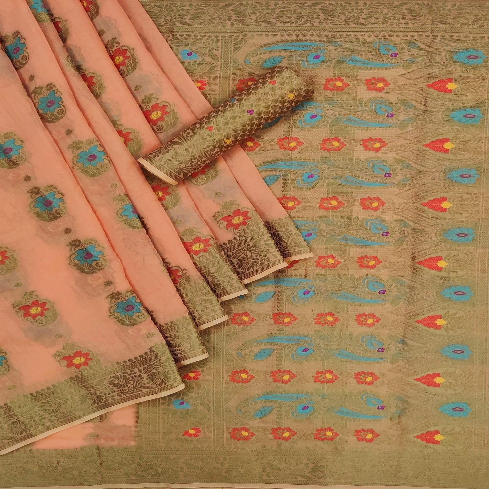 Light Orange Festive Wear Printed Cotton Saree - Peachmode