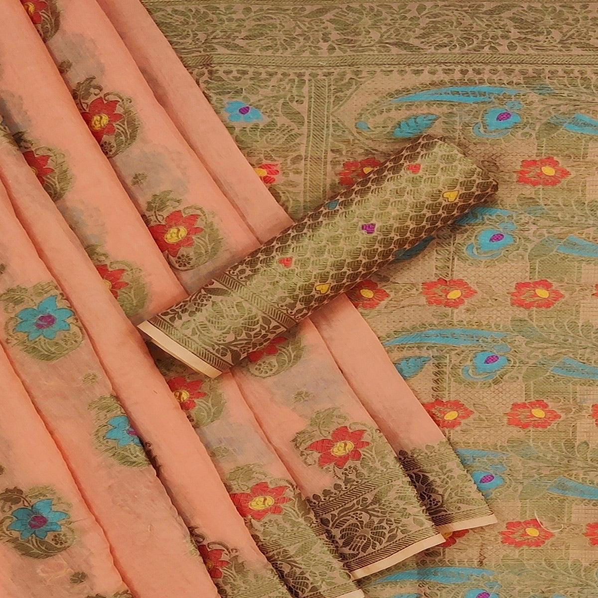 Light Orange Festive Wear Printed Cotton Saree - Peachmode
