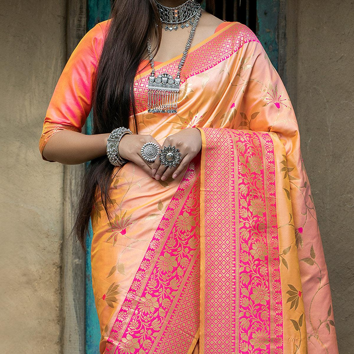 Light Orange Festive Wear Woven Banarasi Silk Saree - Peachmode