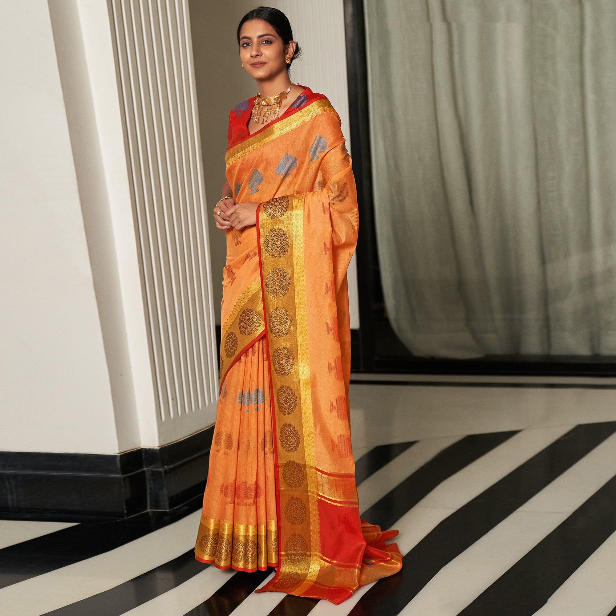Light Orange Festive Wear Woven Cotton Handloom Saree - Peachmode