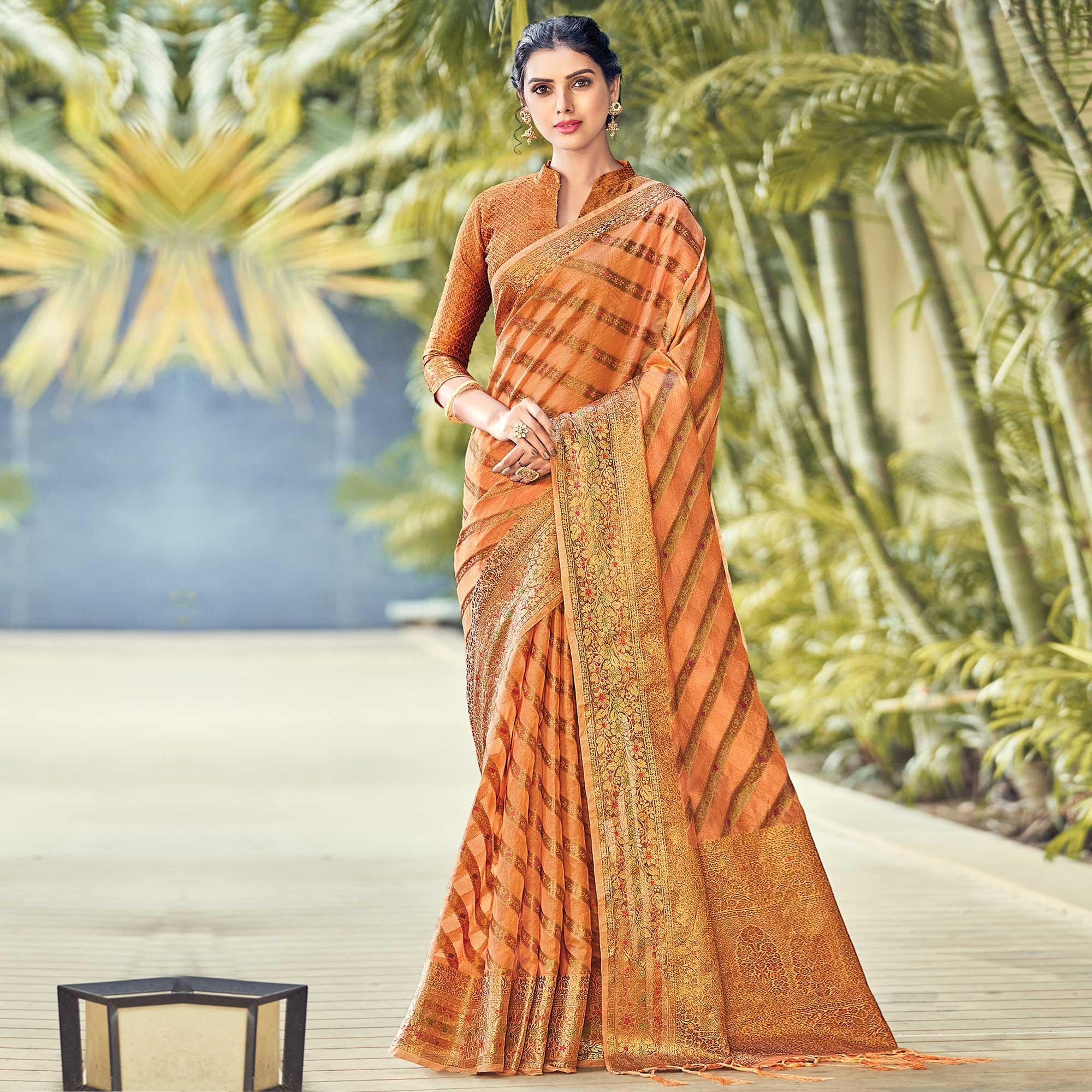 Light Orange Festive Wear Woven Organza Saree - Peachmode