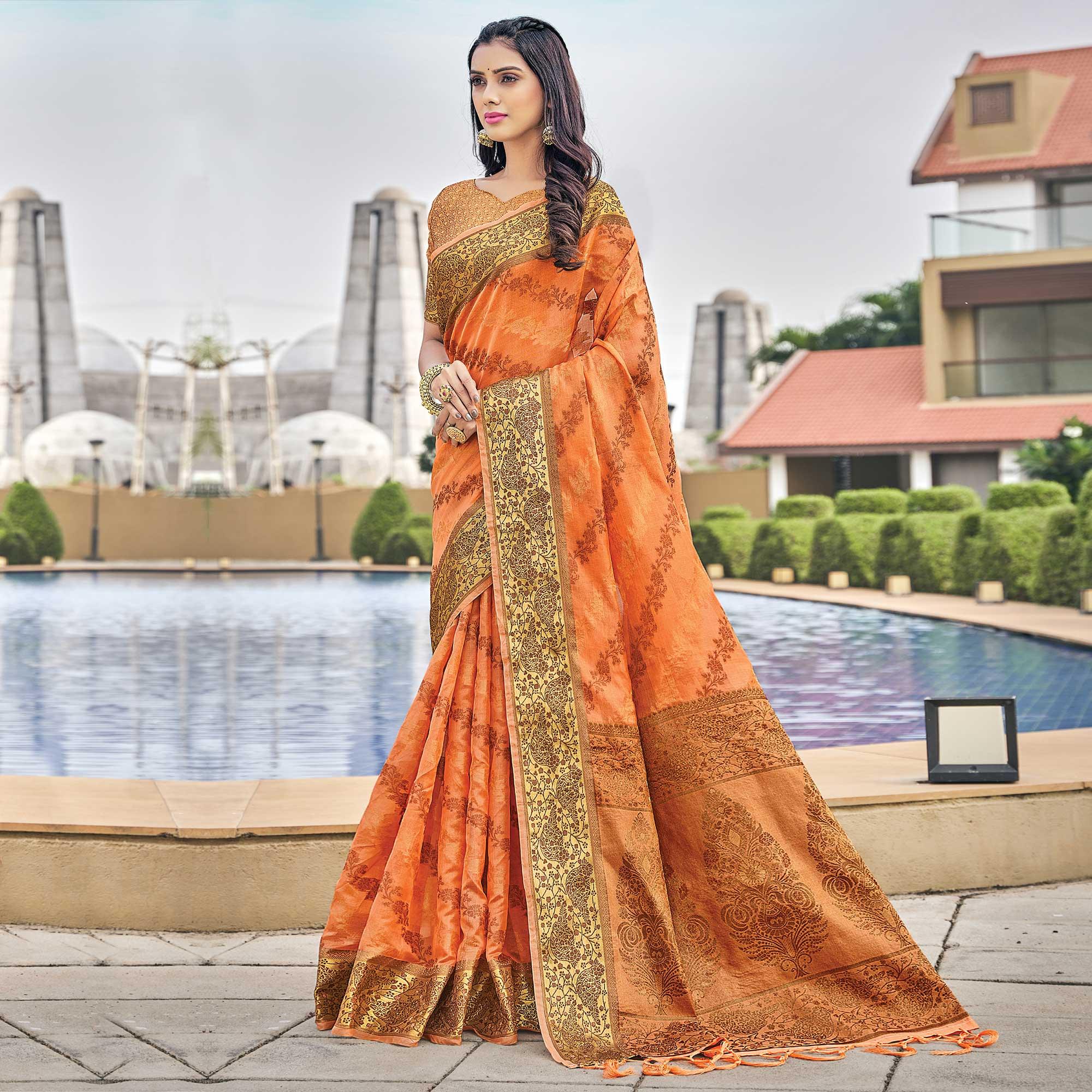 Light Orange Festive Wear Woven Organza Saree - Peachmode
