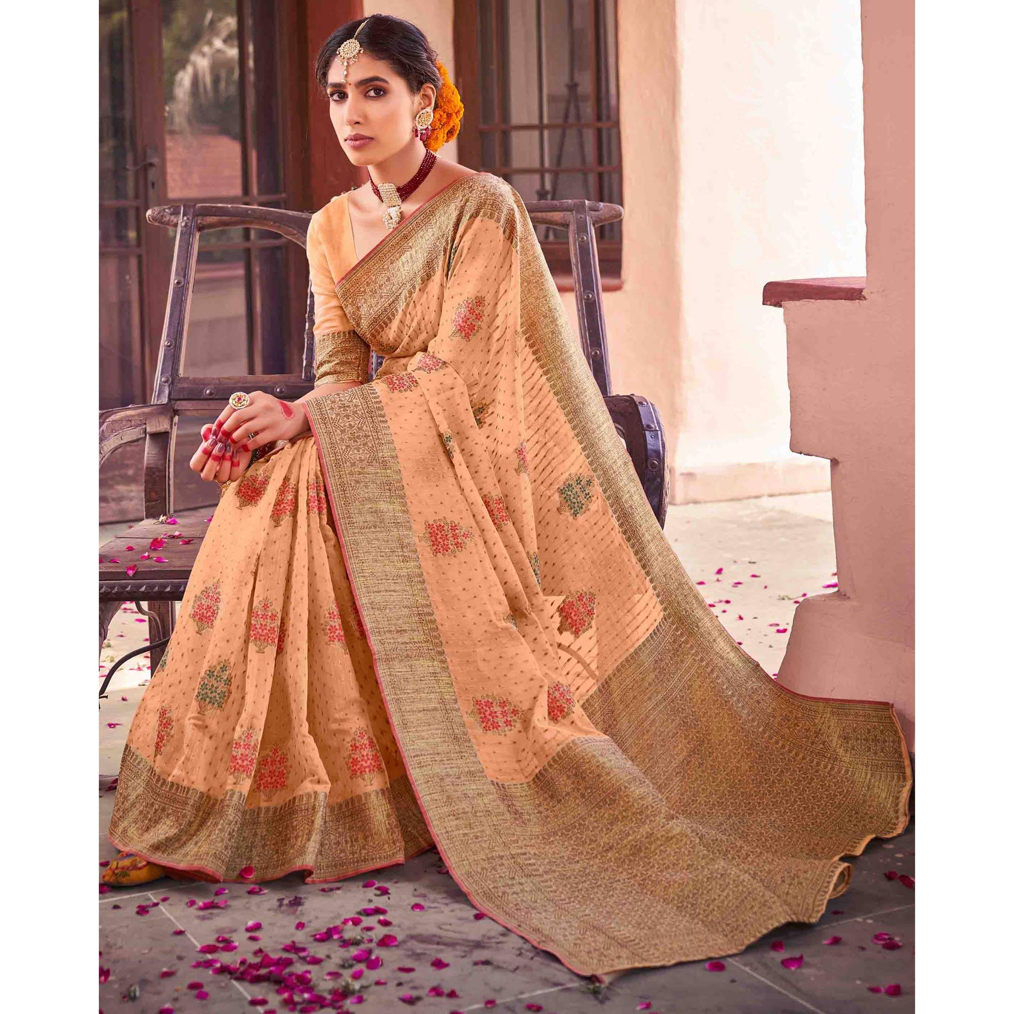 Light Orange Festive Wear Woven Soft Cotton Saree - Peachmode