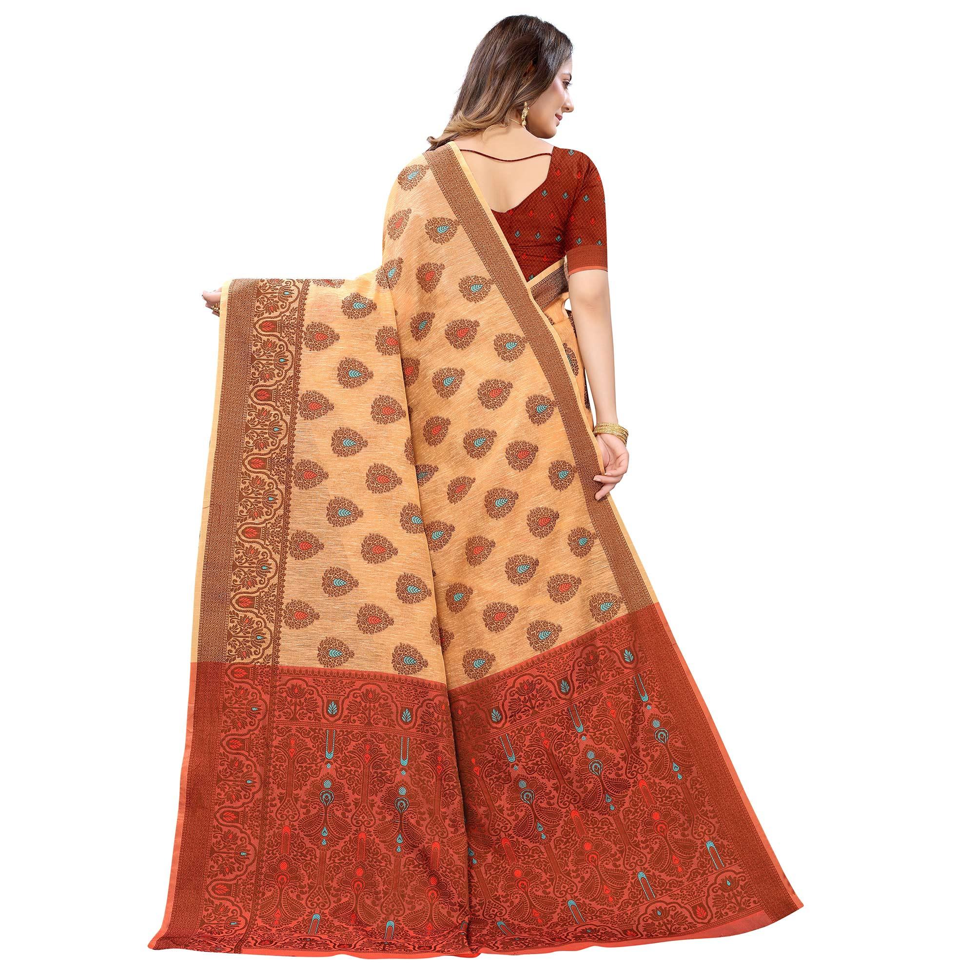 Light Orange Festive Wear Woven With Meena Butta Rich Pallu Cotton Saree - Peachmode