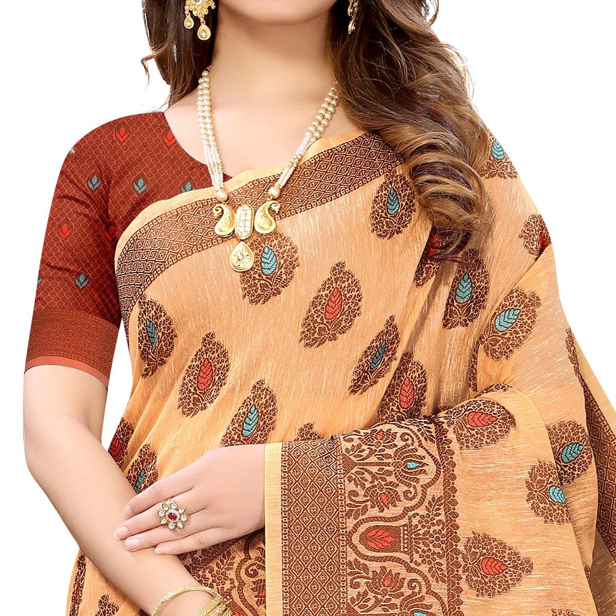 Light Orange Festive Wear Woven With Meena Butta Rich Pallu Cotton Saree - Peachmode