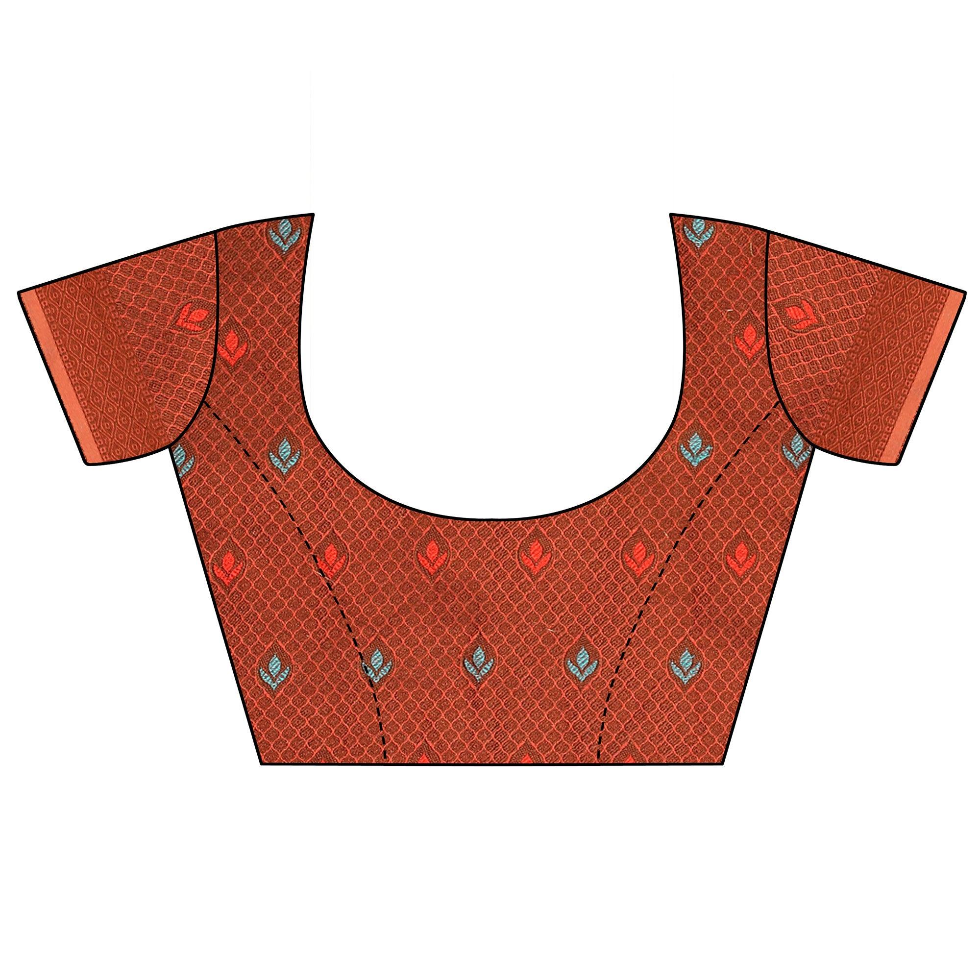 Light Orange Festive Wear Woven With Meena Butta Rich Pallu Cotton Saree - Peachmode