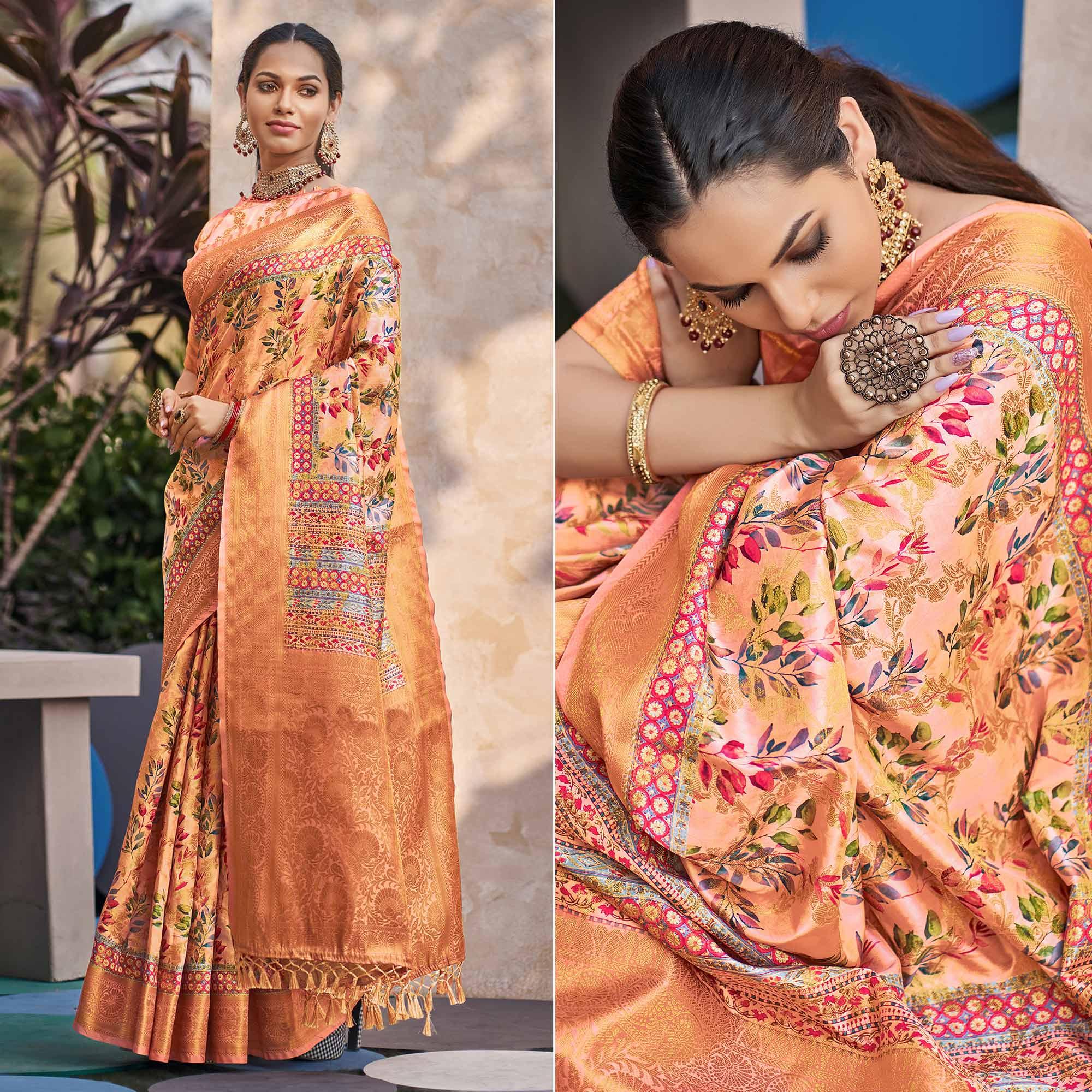 Light Orange Floral Digital Printed Pure Silk Saree - Peachmode