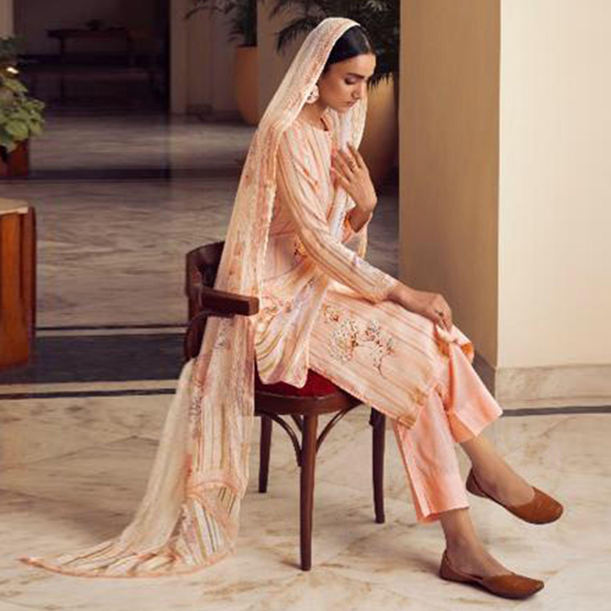 Light Orange Floral Digital Printed With Handwork Cambric Cotton Partywear Suit - Peachmode