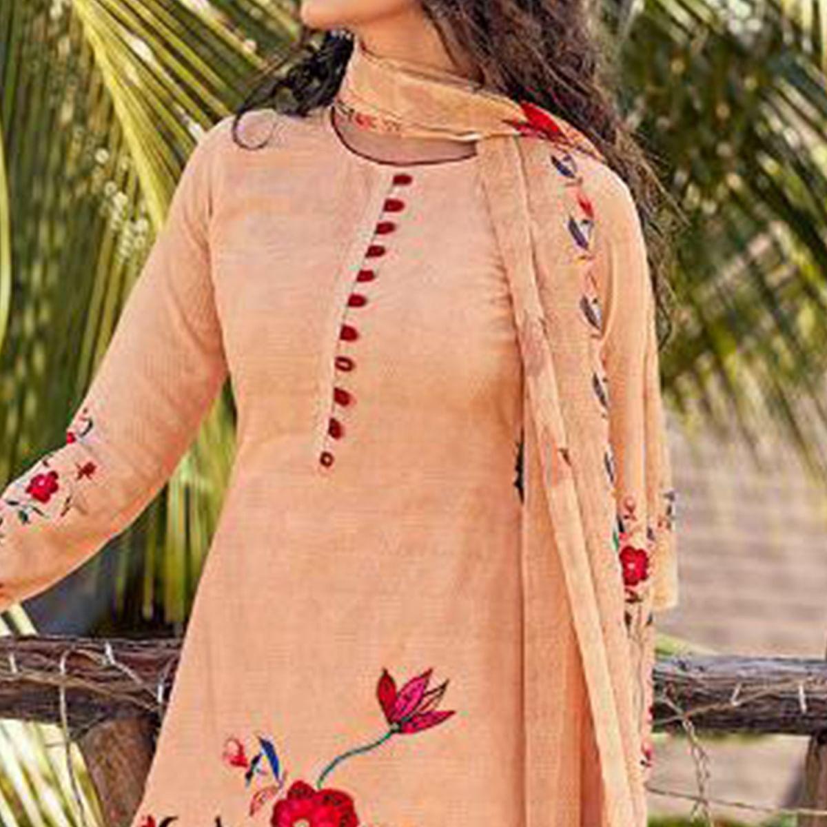 Light Orange Floral Digital Printed With Handwork Cambric Cotton Partywear Suit - Peachmode