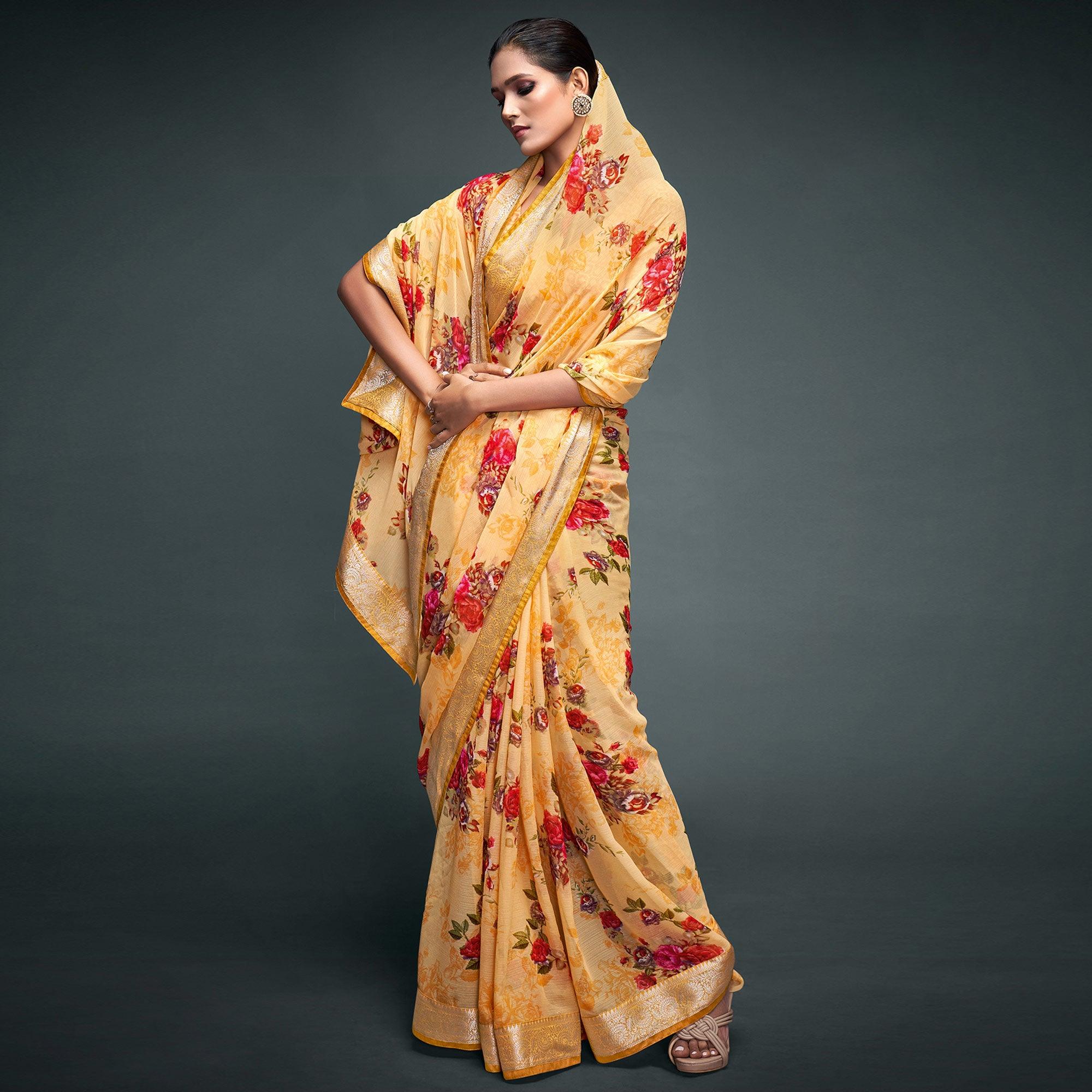 Light Orange Floral Printed Georgette Saree - Peachmode