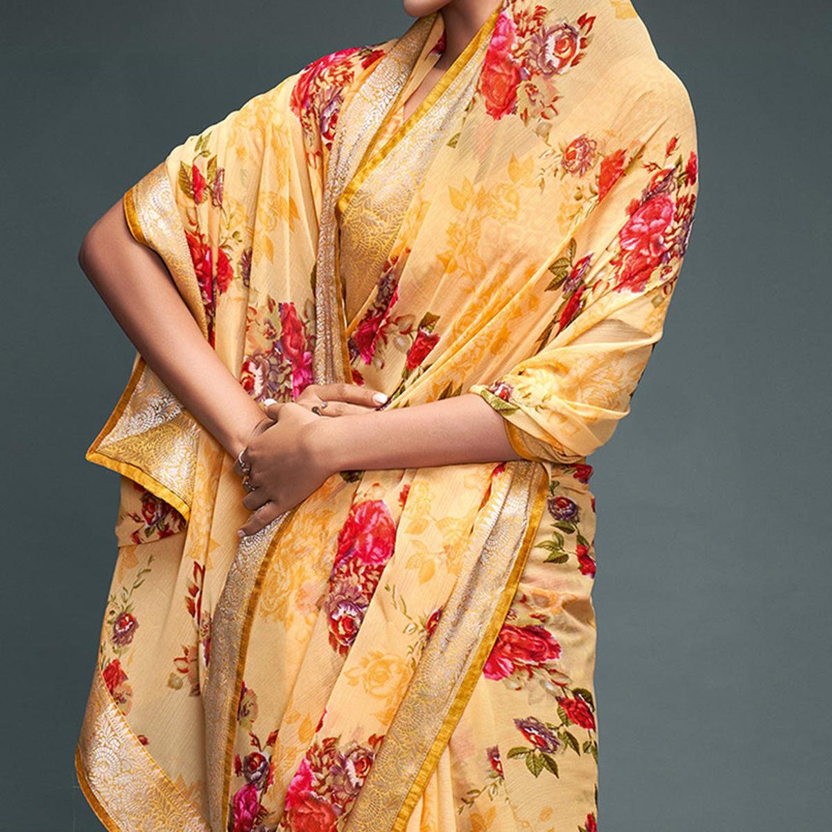 Light Orange Floral Printed Georgette Saree - Peachmode