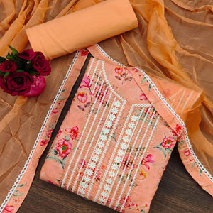 Light Orange Floral Printed With Embroidery Pure Cotton Dress Material - Peachmode