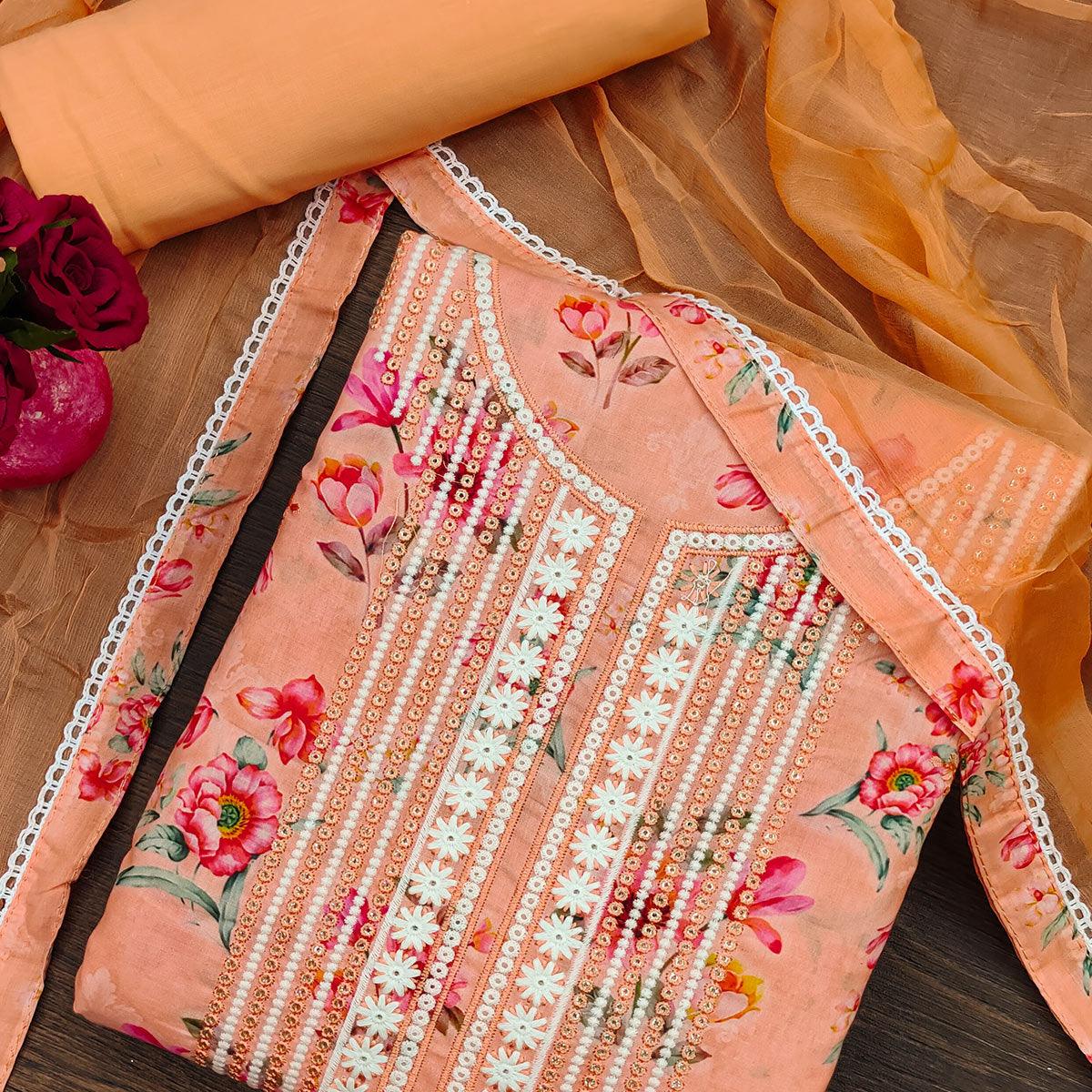 Light Orange Floral Printed With Embroidery Pure Cotton Dress Material - Peachmode