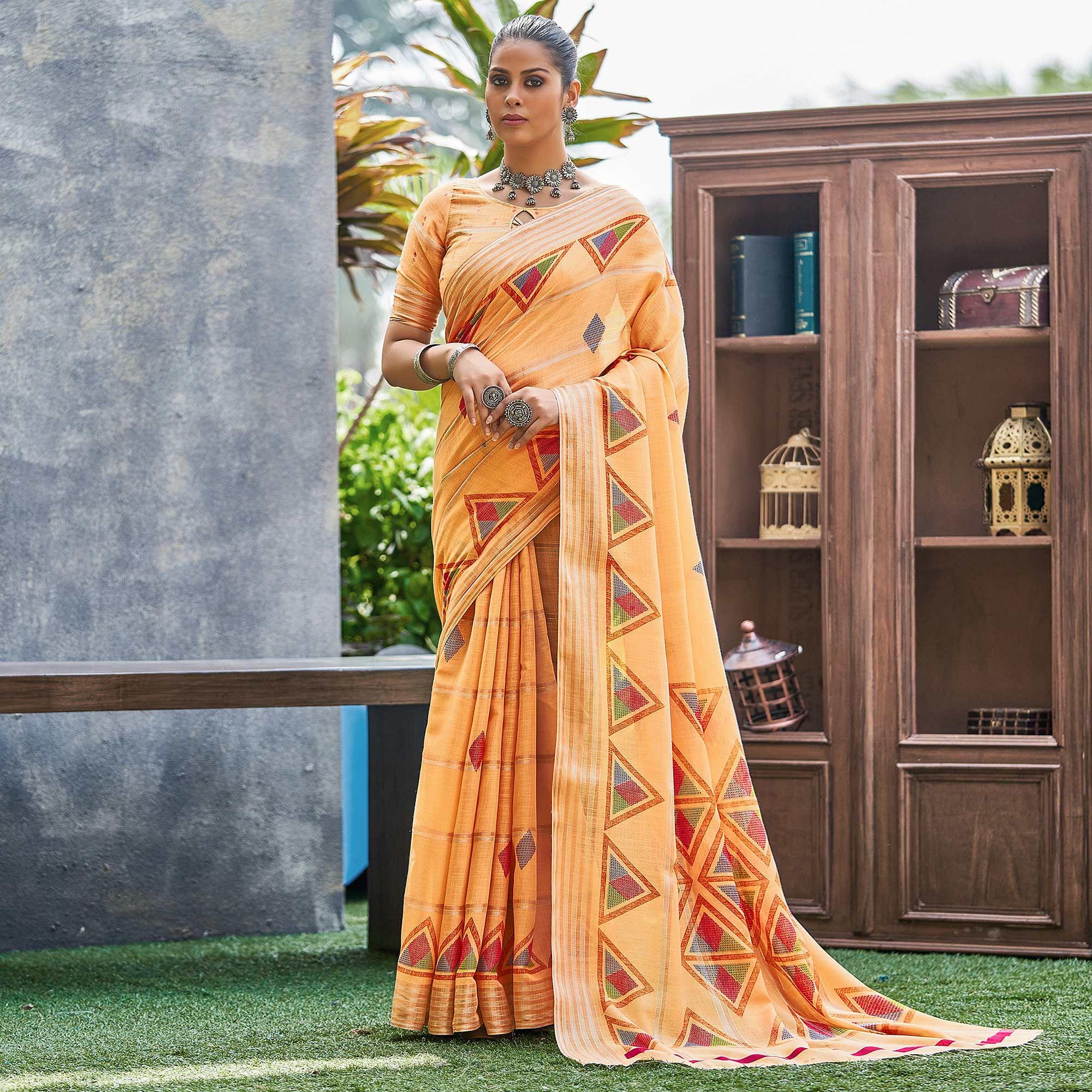 Light Orange Geometric Printed Linen Saree - Peachmode
