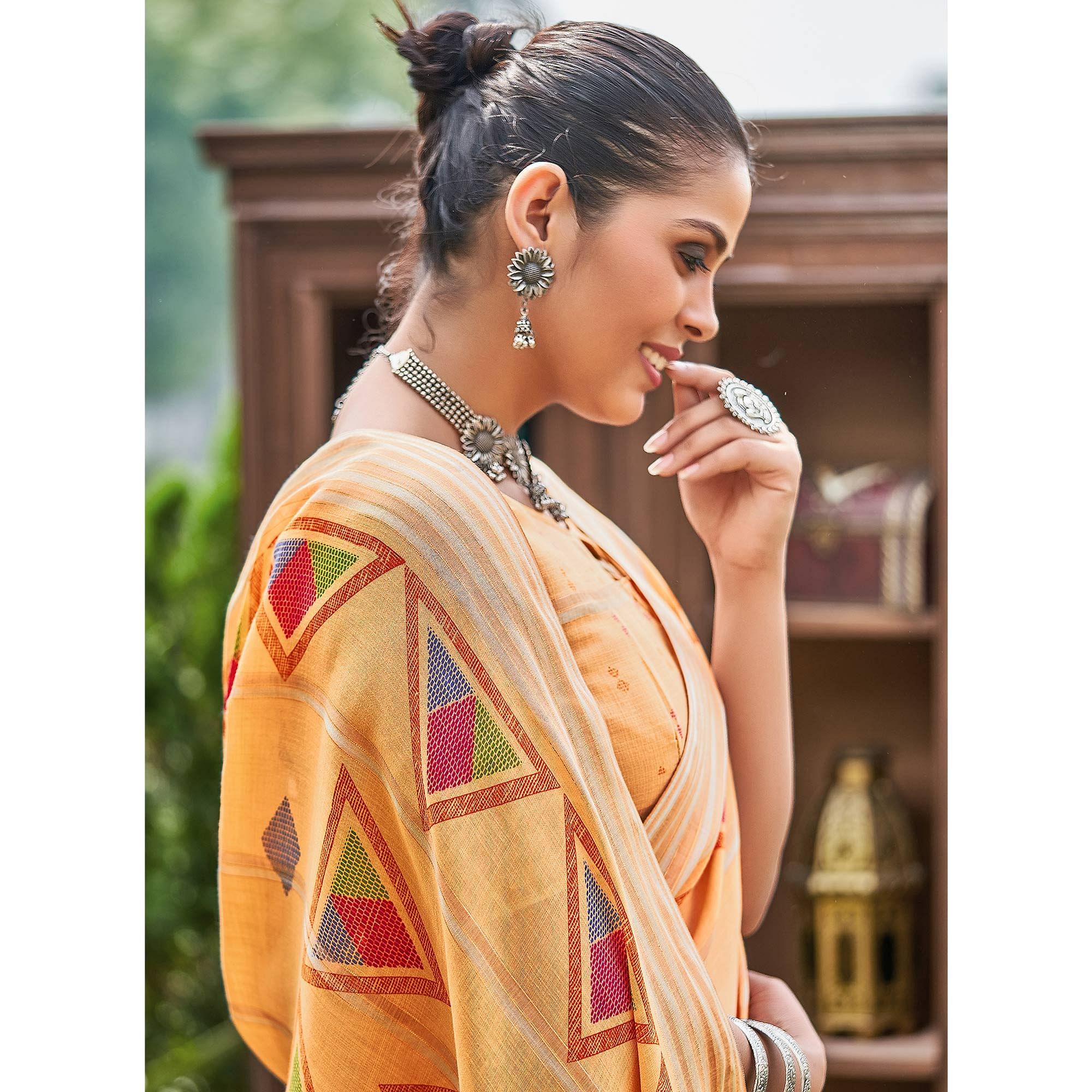 Light Orange Geometric Printed Linen Saree - Peachmode