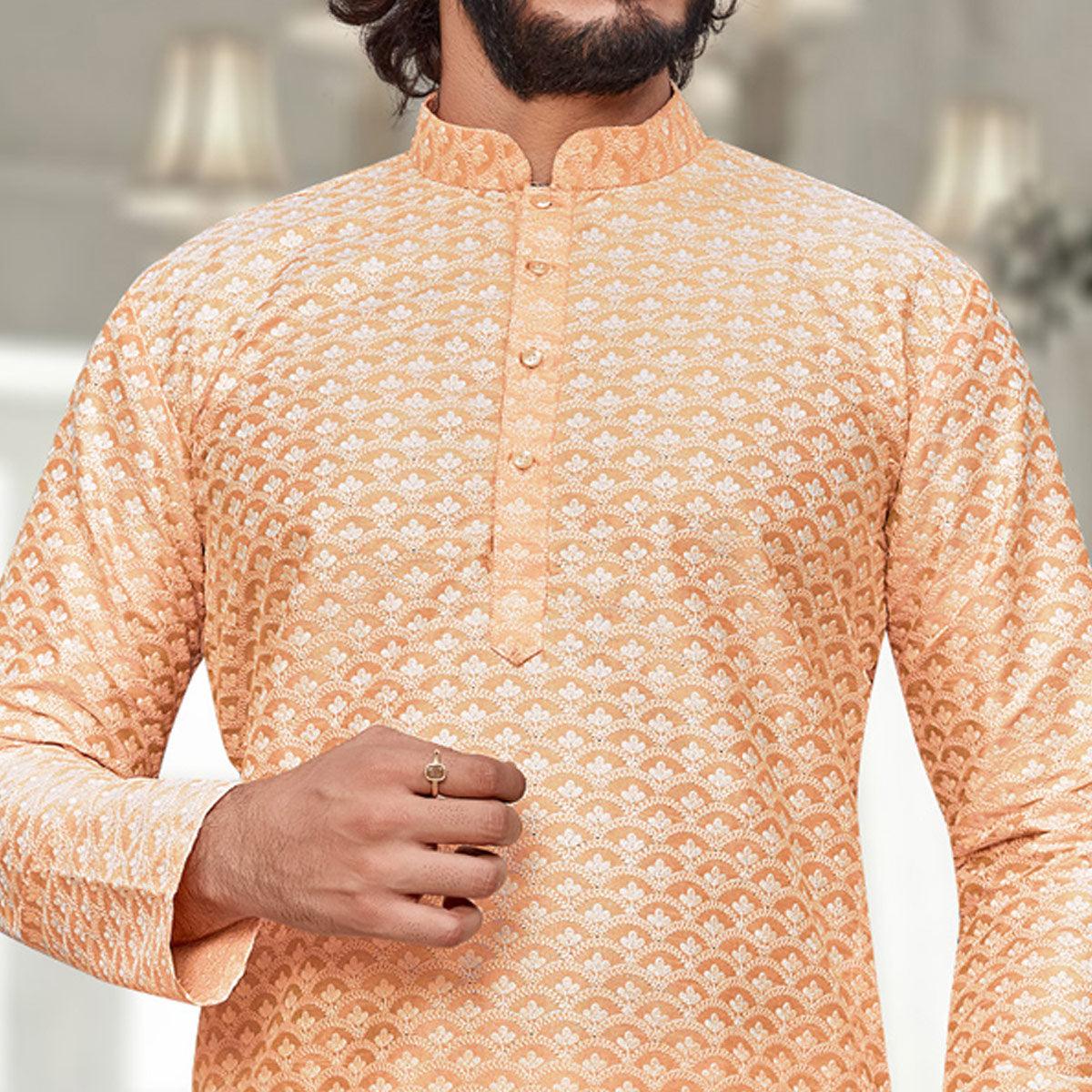 Light Orange Lucknowi Work Art Silk Kurta Pyjama Set - Peachmode