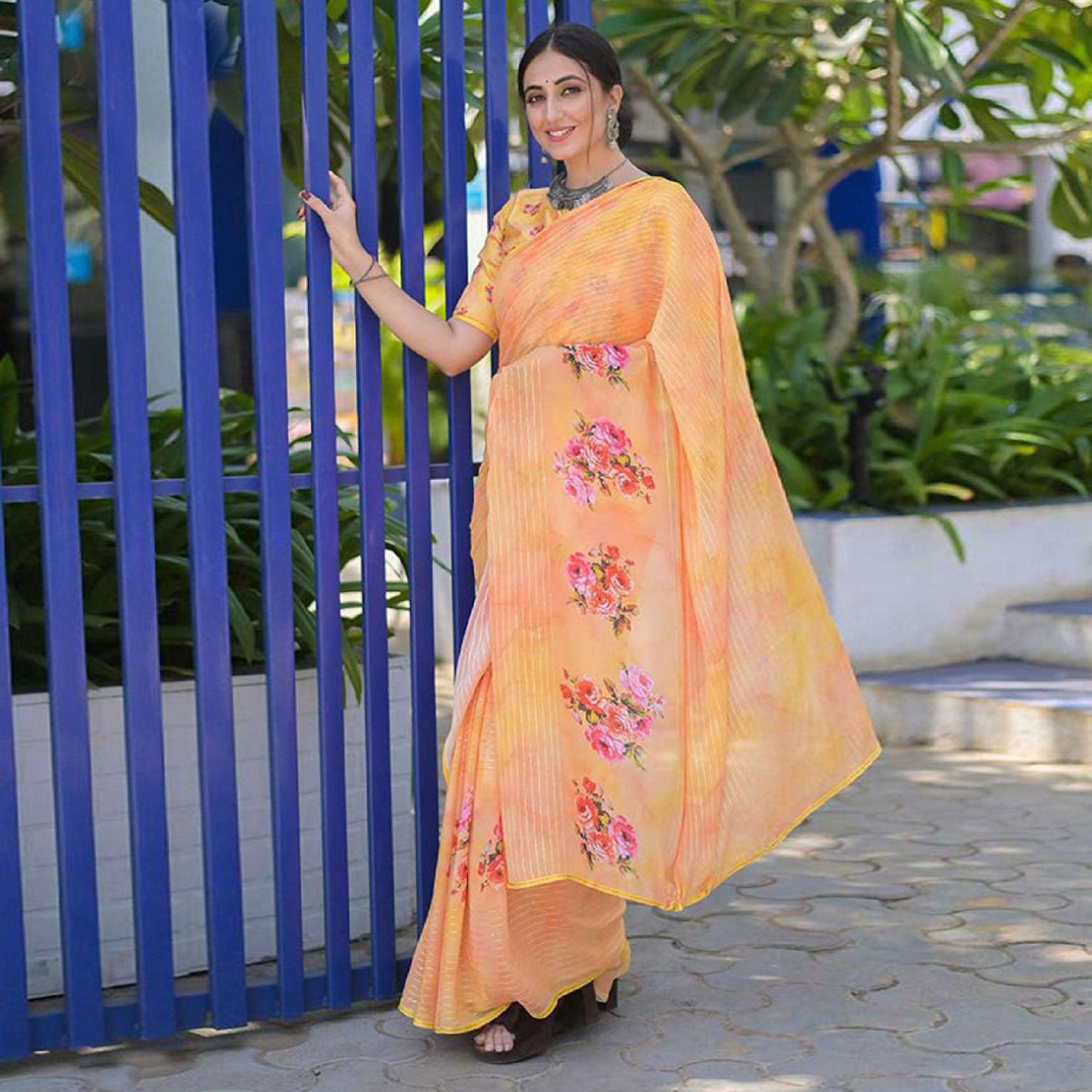 Light Orange Party Wear Digital Printed Georgette Saree - Peachmode