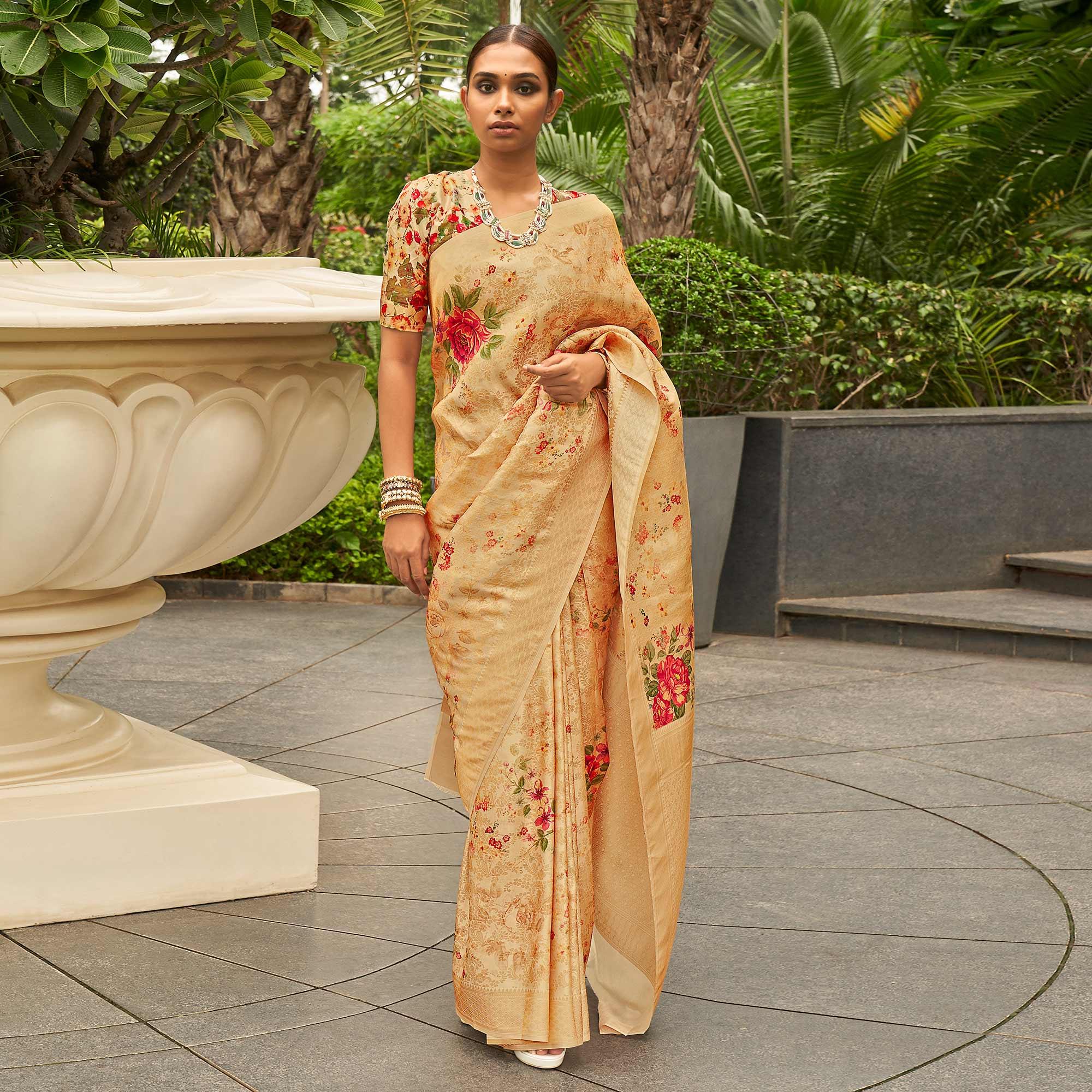 Light Orange Partywear Digital Printed Silk Saree - Peachmode