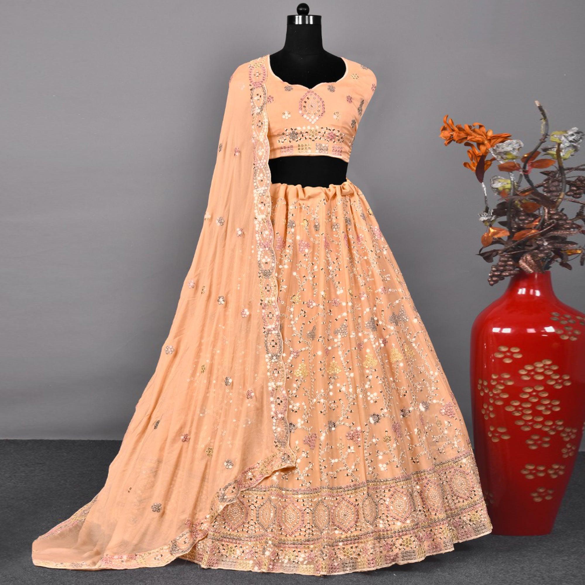 Light Orange Partywear Embroidered Georgette Lehenga Choli - Peachmode