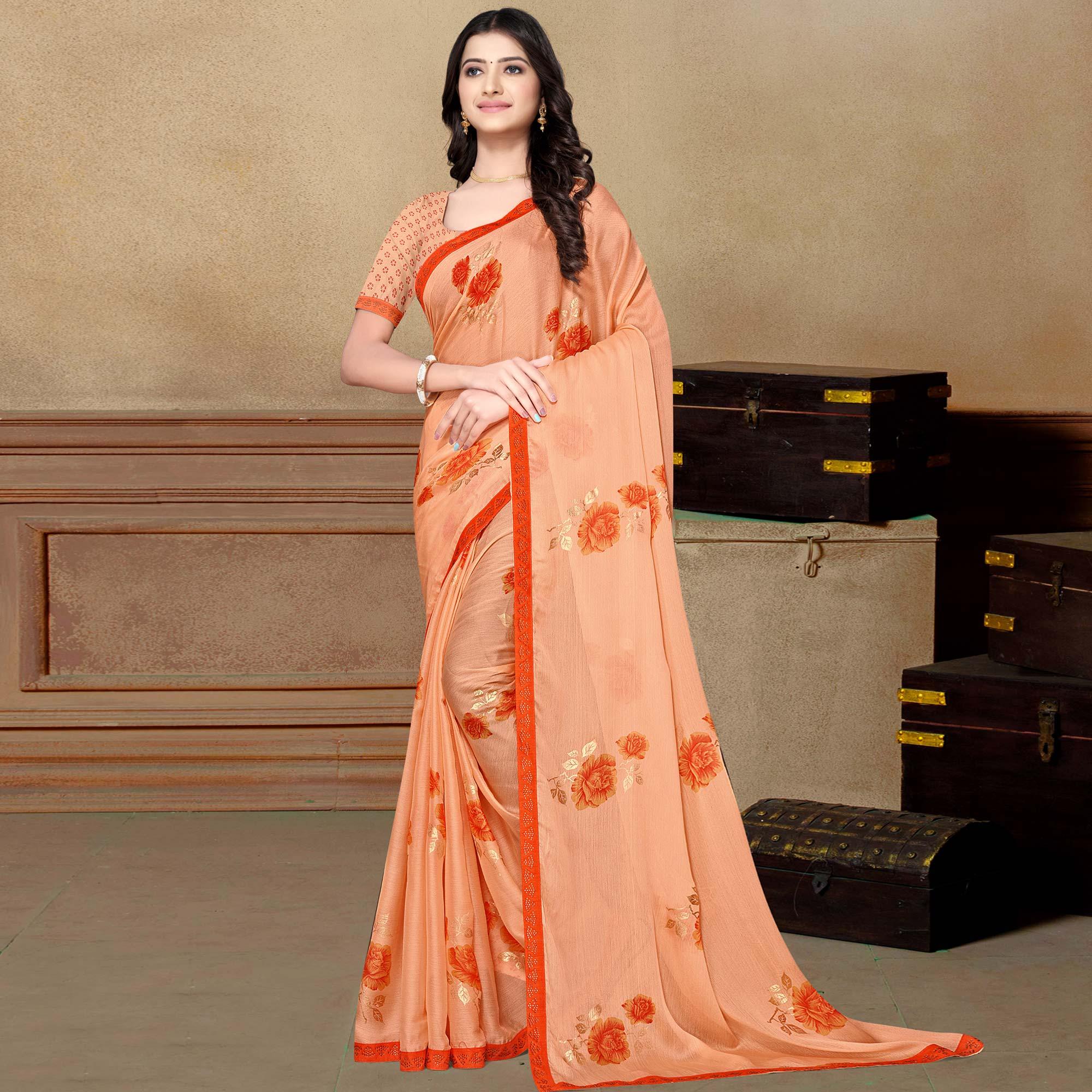 Light Orange Partywear Foil Printed & Embellished Moss Chiffon Saree - Peachmode