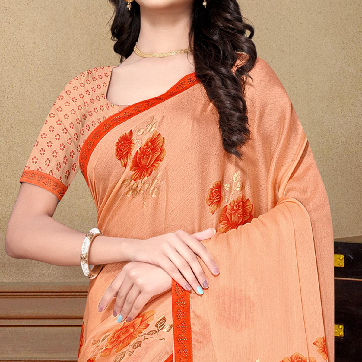 Light Orange Partywear Foil Printed & Embellished Moss Chiffon Saree - Peachmode
