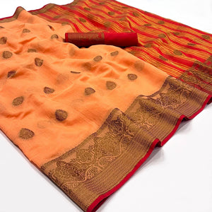 Light Orange Woven Linen Saree - Peachmode